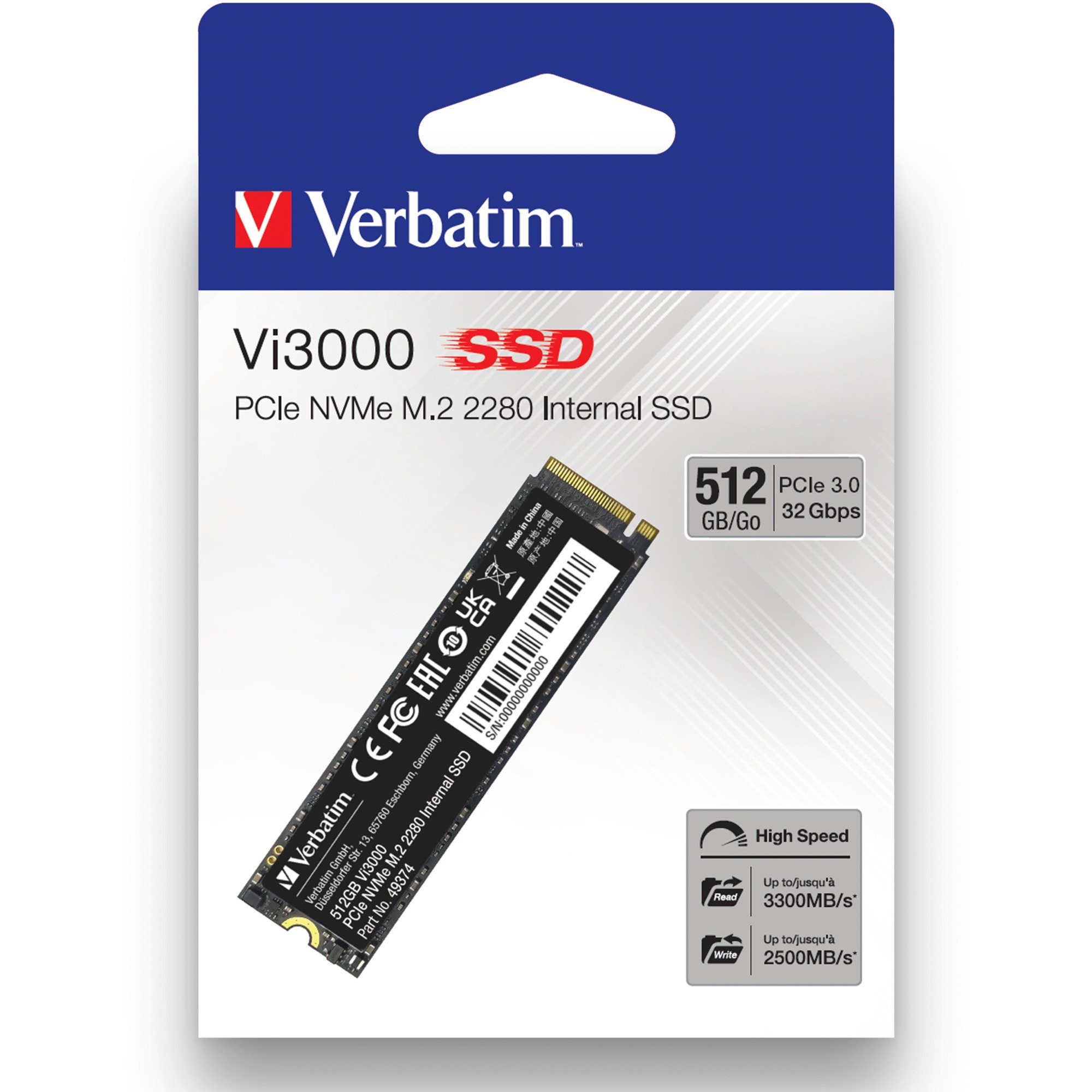 Verbatim Verbatim Vi3000 512 GB, SSD, (PCIe 3.0 x4, NVMe, interne HDD-Festplatte (512 GB) Steckkarte"