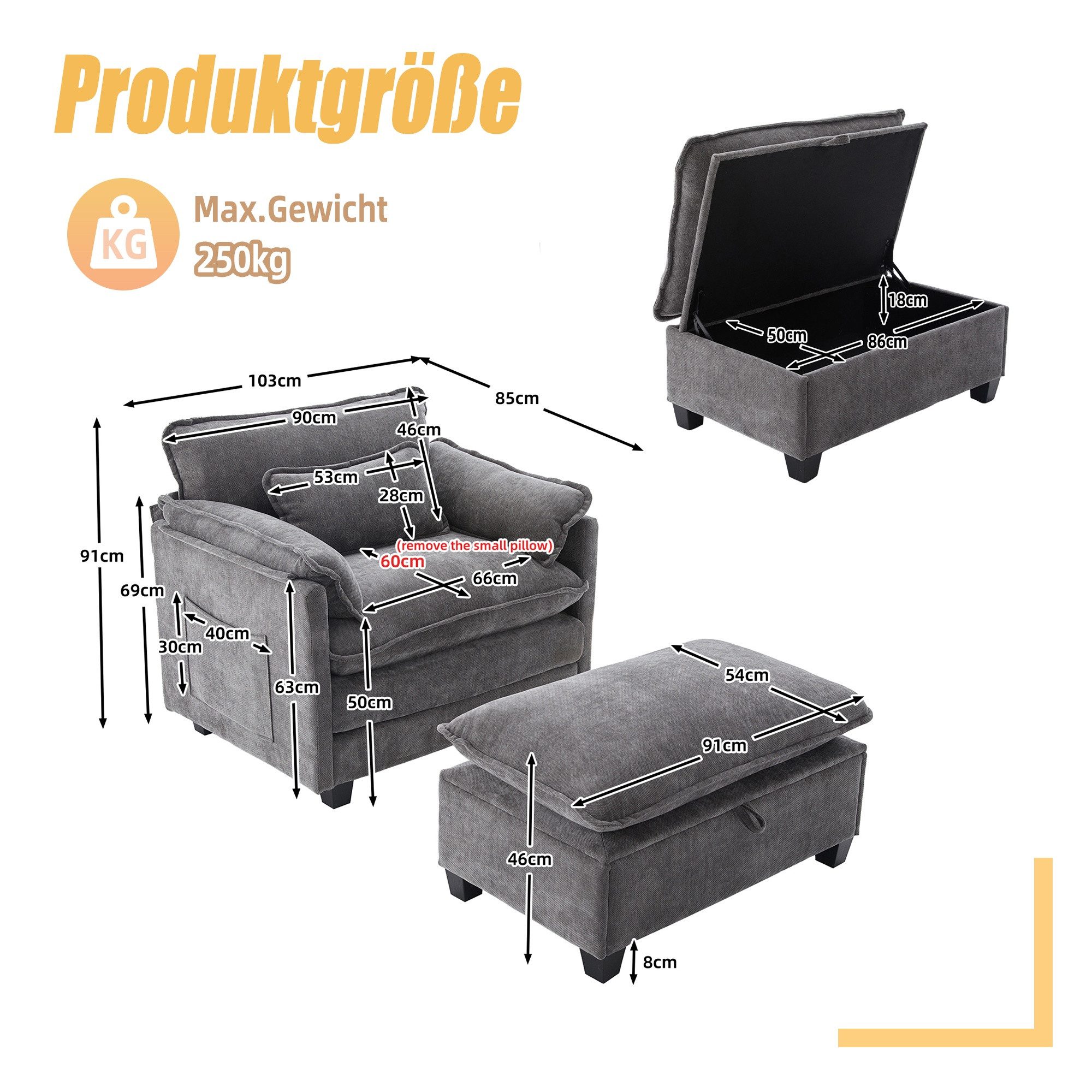 LVHOM XXL-Sessel Großer Samtsessel Set mit Stauhocker/Ottomane & Seitentaschen (Moderner Loungesessel. Übergroße Sitzfläche und -tiefe, Doppelpolster (fest/weich) + Stauraum für maximalen Komfort, Relaxsessel mit Hocker), Relax-Lösung für Wohnzimmer, Schlafzimmer oder kleine Apartments