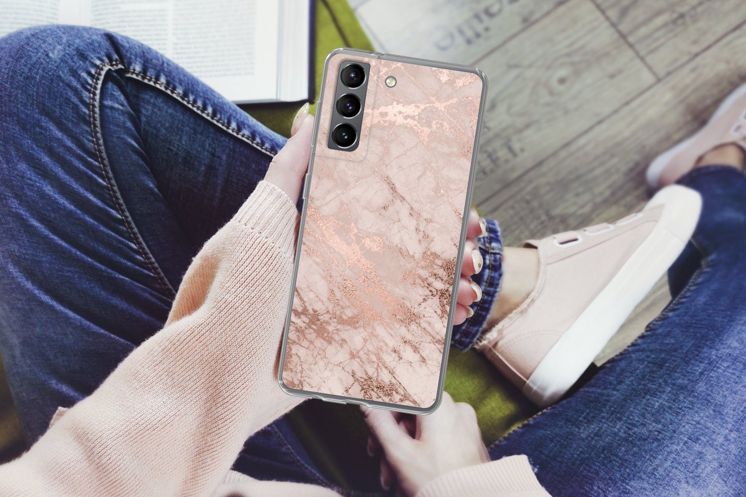 MuchoWow Handyhülle für Samsung Galaxy S21 Marmor - Rosa - Luxus - Marmoroptik - Glitzer -, Phone Case, Silikon, Schutzhülle Dünn