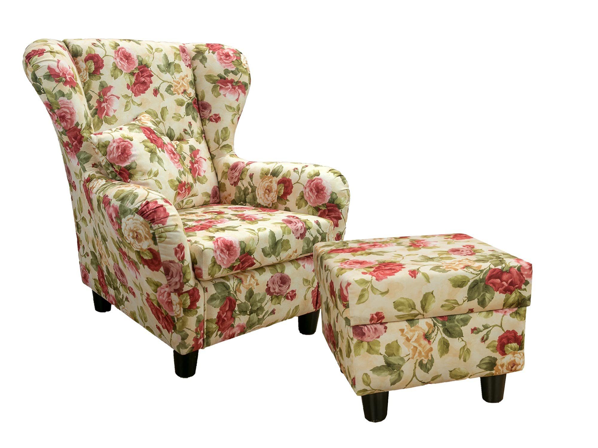 luma-home Ohrensessel 18004-OTTO (mit Hocker und Zierkissen, Wellenunterfederung), Lesesessel mit Echtholzfüßen, Bezug Webstoff im Blumenmuster