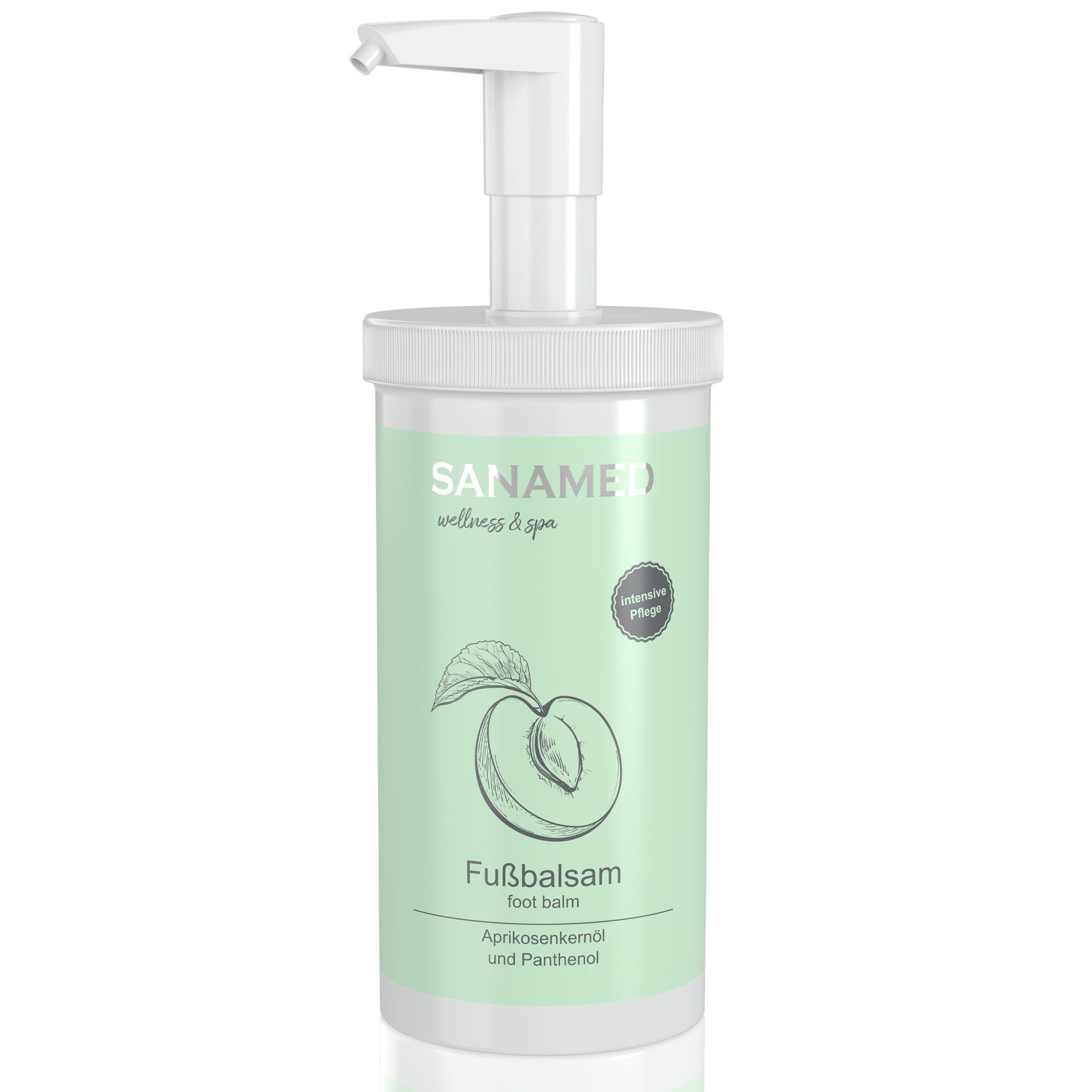 Sanamed Fußpflegecreme Fußbalsam mit Aprikosenkernöl und Panthenol, frei von Silikonölen, frei von Parabenen, frei von Farbstoffen, vegan