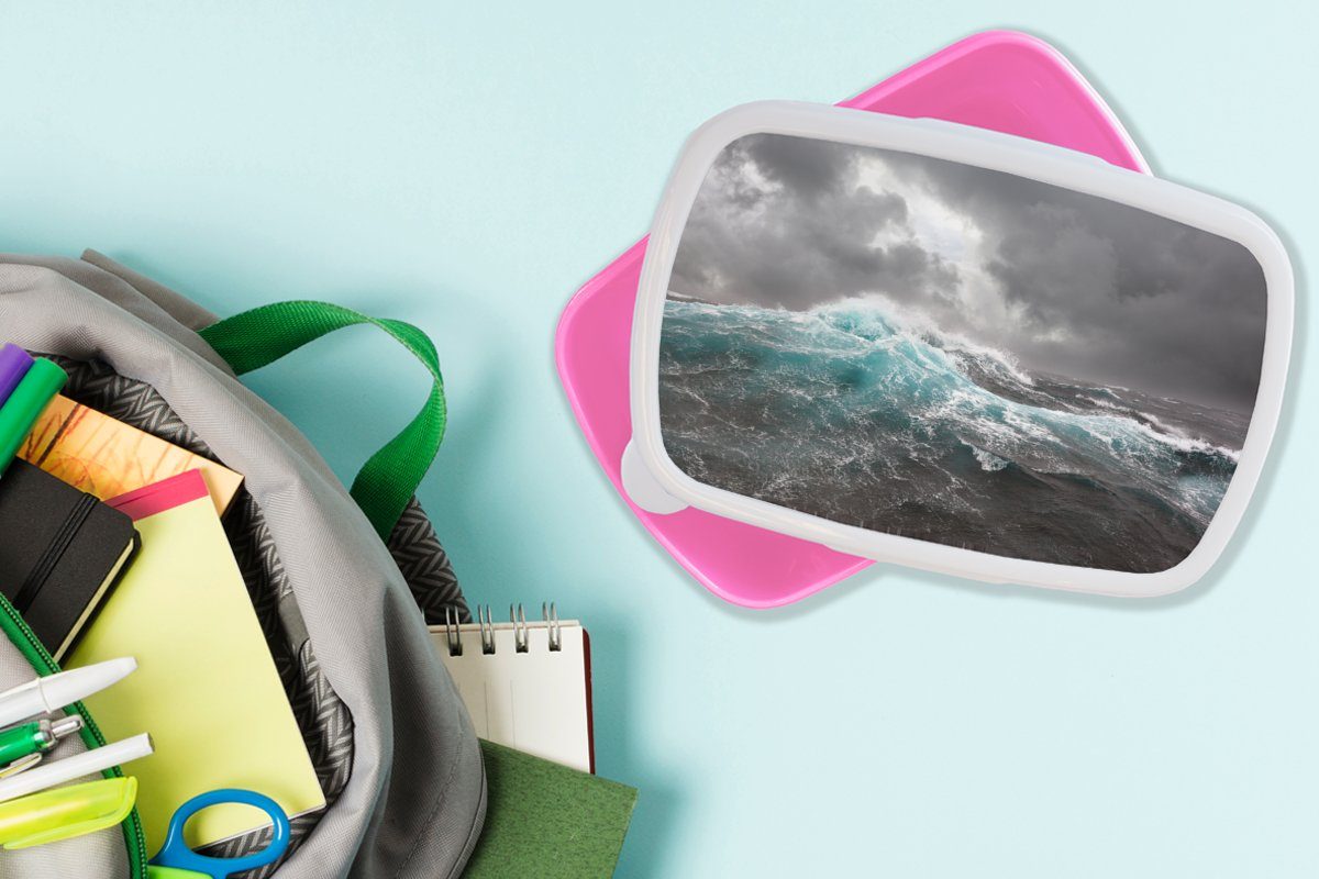 MuchoWow Lunchbox Ozean - Sturm Mädchen, Brotdose Kunststoff, Welle, Kunststoff - Erwachsene, Kinder, Snackbox, für (2-tlg), rosa Brotbox