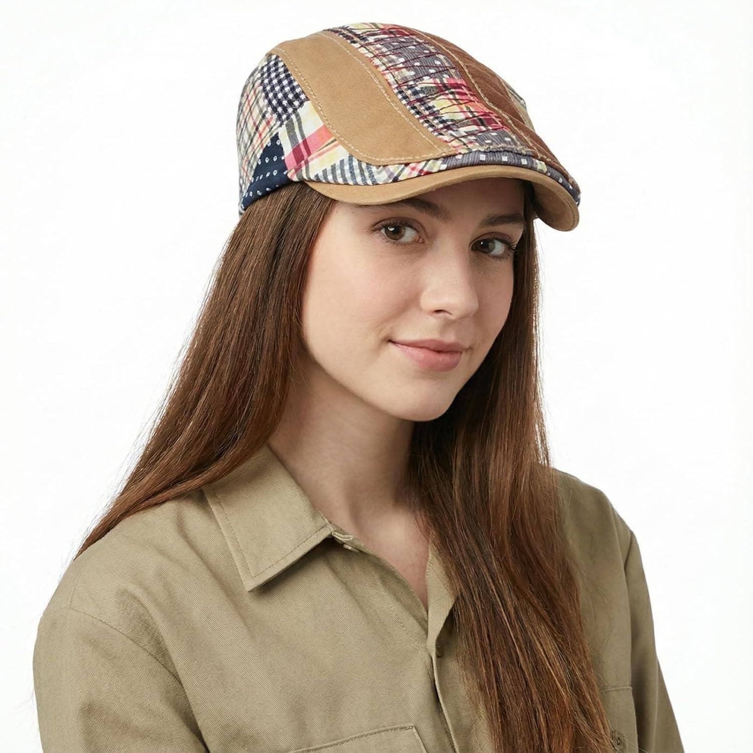 LuxusKollektion Schiebermütze Schiebermütze Herren Patchwork Flatcap Newsboy Cap Gatsby M-L Beige
