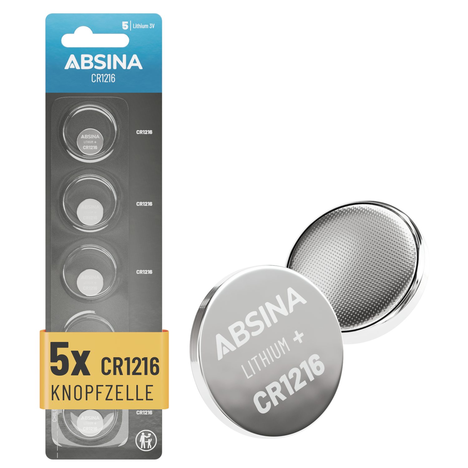 ABSINA 5x CR1216 Knopfzelle Lithium 3V - CR 1216 Batterie für Autoschlüssel Knopfzelle, CR1216 (3 V, 5 St), Langlebig & zuverlässig, Temperaturfest von -40°C bis +60°