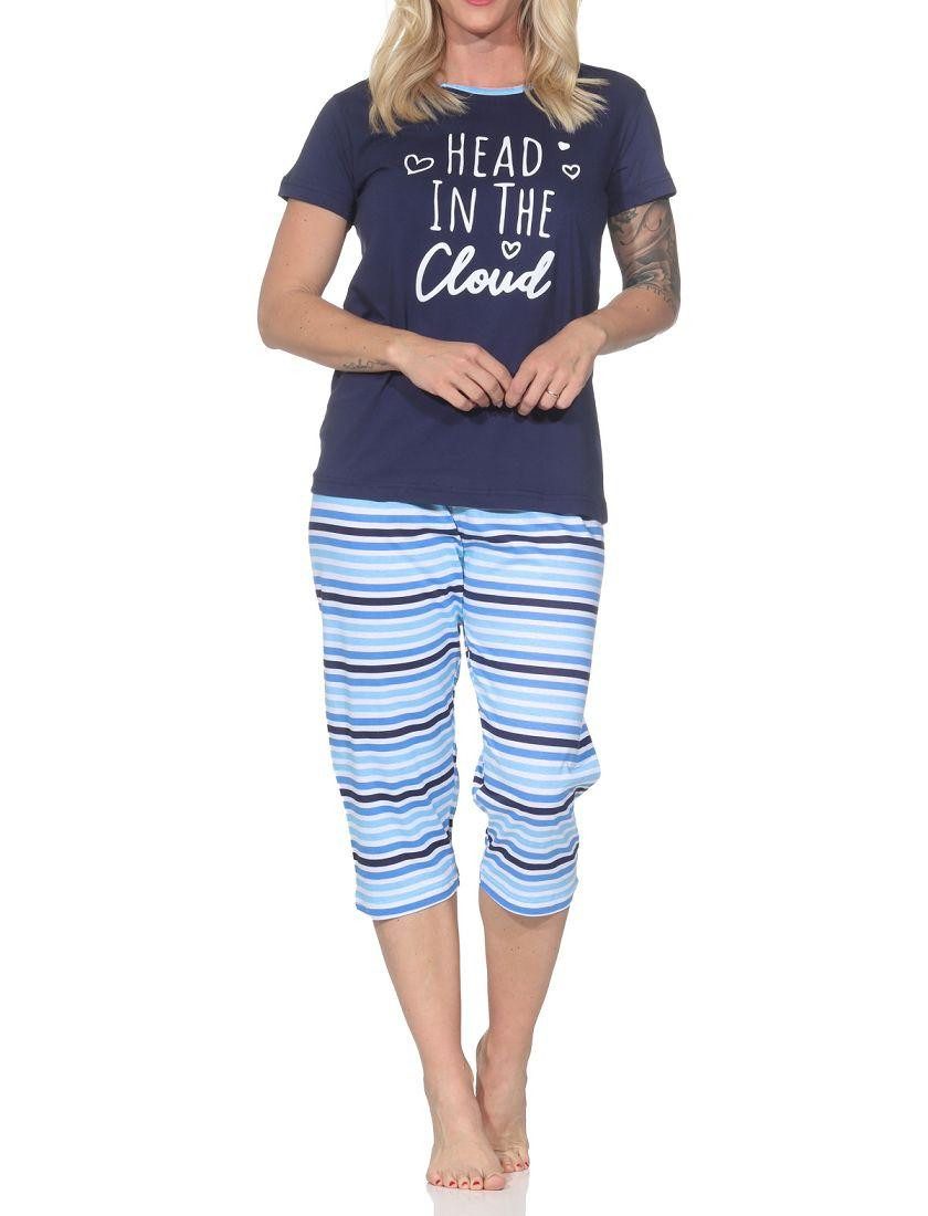 Normann Pyjama Normann Damen Schlafanzug kurzarm mit gestreifter Capri-Pyjamahose