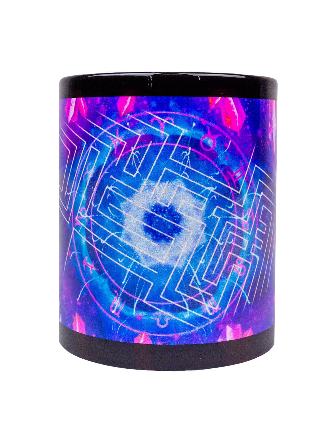 Motiv PSYWORK Schwarzlicht UV-aktiv, Keramik, "Zodiac Neon Cup leuchtet Lines", Fluo Signs Tasse unter Tasse