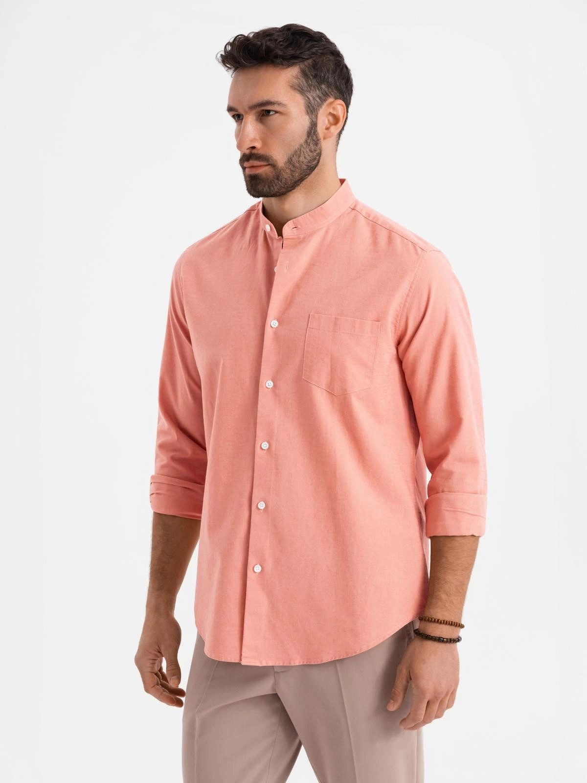 OMBRE Langarmhemd Herren Leinenhemd mit Stehkragen und Tasche REGULAR FIT günstig online kaufen