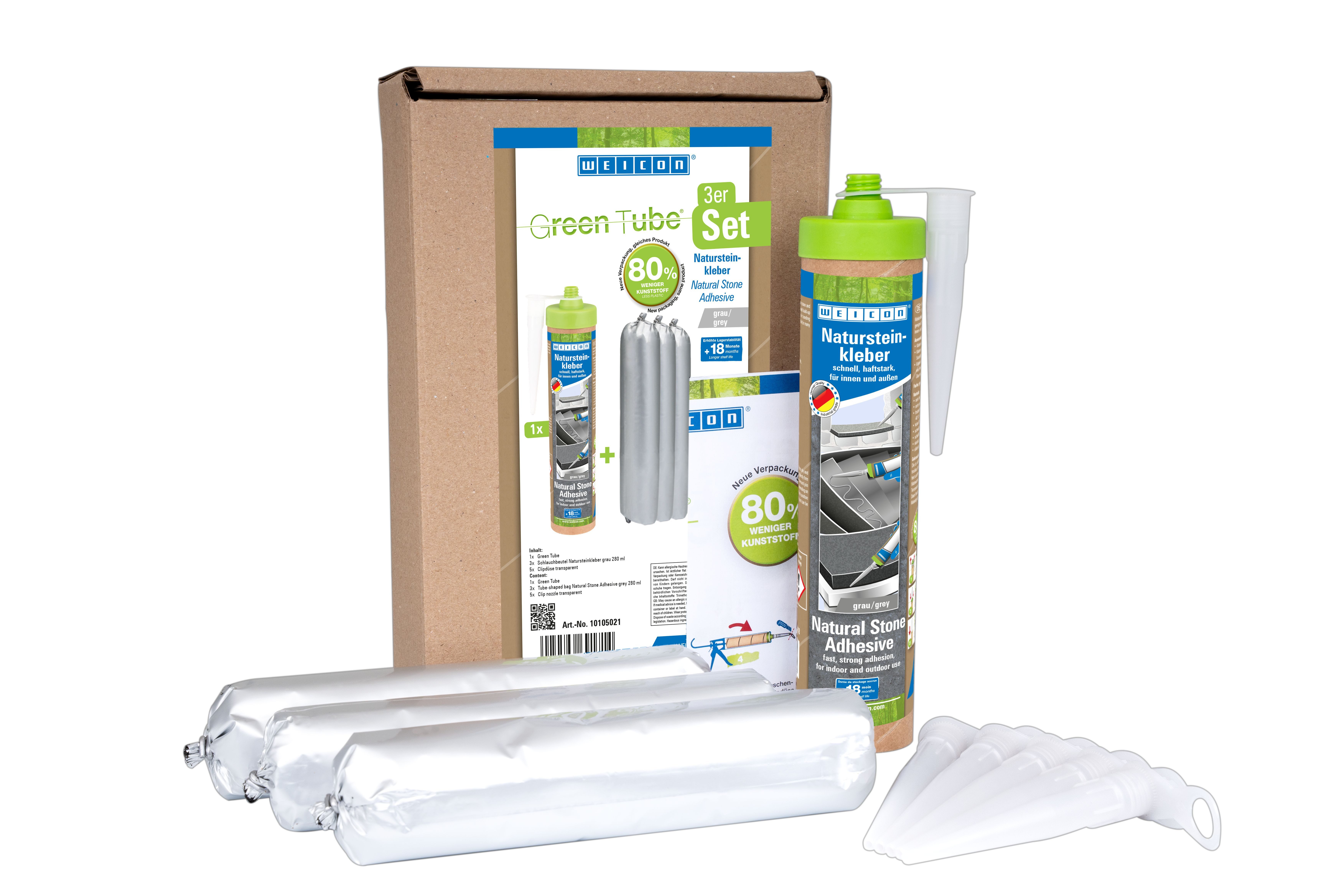 WEICON Klebstoff Green Tube Natursteinkleber, (3-tlg), Verkleben von Fensterbänken, Fliesen, Fußbodenleisten, Sockelleisten