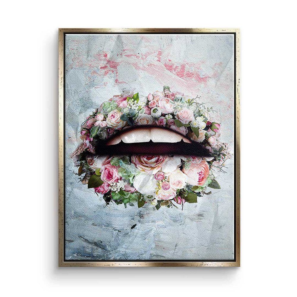 Art - Premium Flowers modernes goldener Leinwandbild & - Wandbild Pop Rahmen - DOTCOMCANVAS® Lips Leinwandbild,