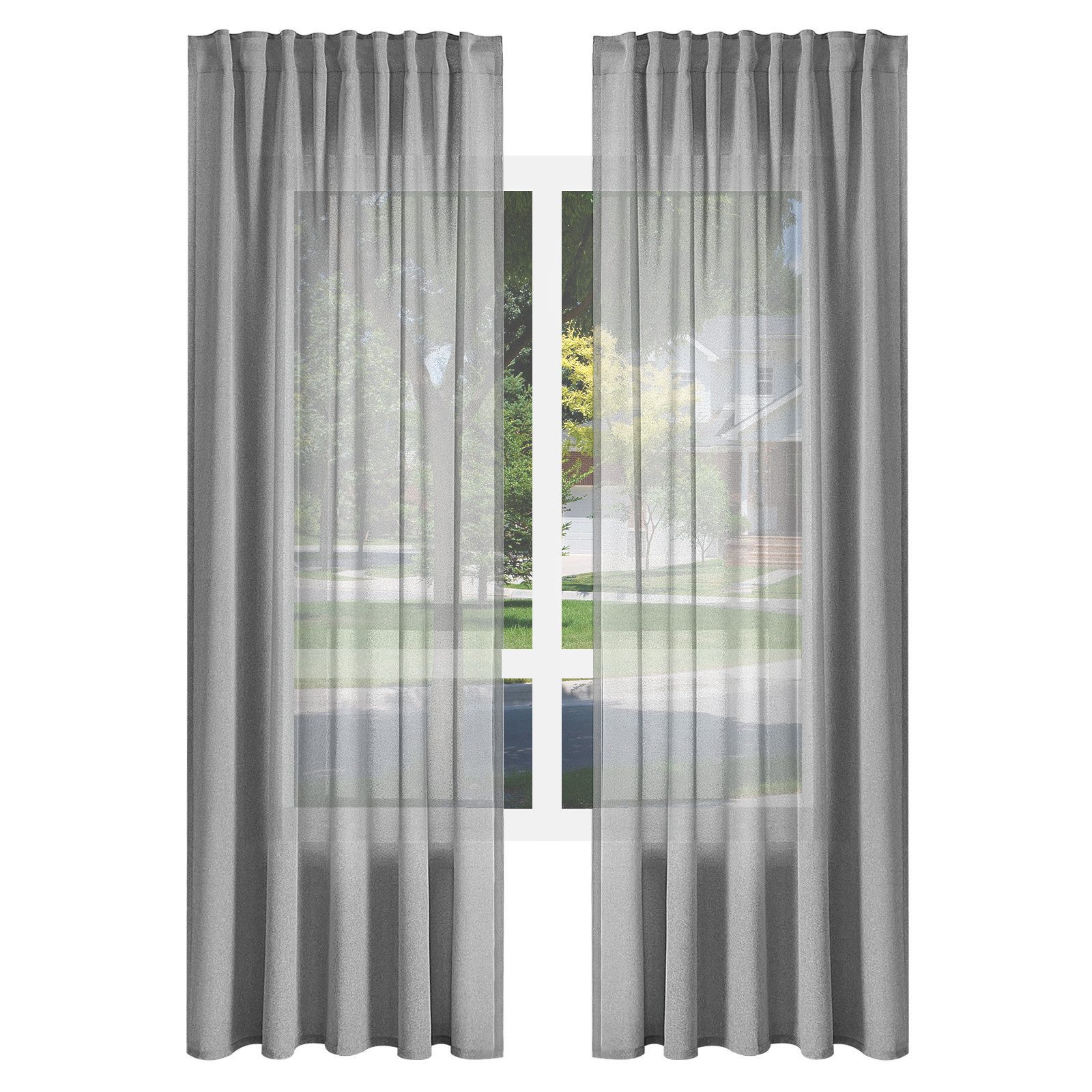 Woltu Gardine (2 St), Kräuselband, halbtransparent, Vorhänge Leinenoptik