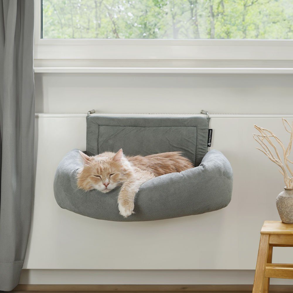 SCHLITZOHR Katzen-Hängematte Murphy, Mikrofaser, Heizungsliege, passt an ALLE Heizungen, stabil, waschbar, extra Kissen