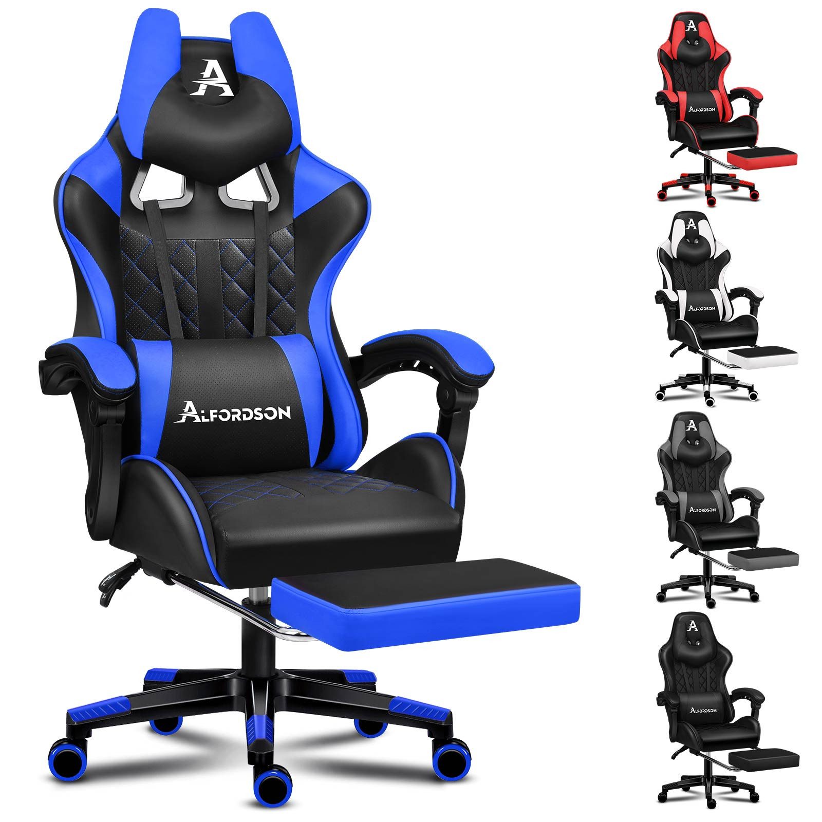 ALFORDSON Gaming-Stuhl Bürostuhl, Integrierte Fußstütze, mit Lendenwirbelkissen, 150° Neigungsverstellung, PU-Ledersitz mit hoher Rückenlehne
