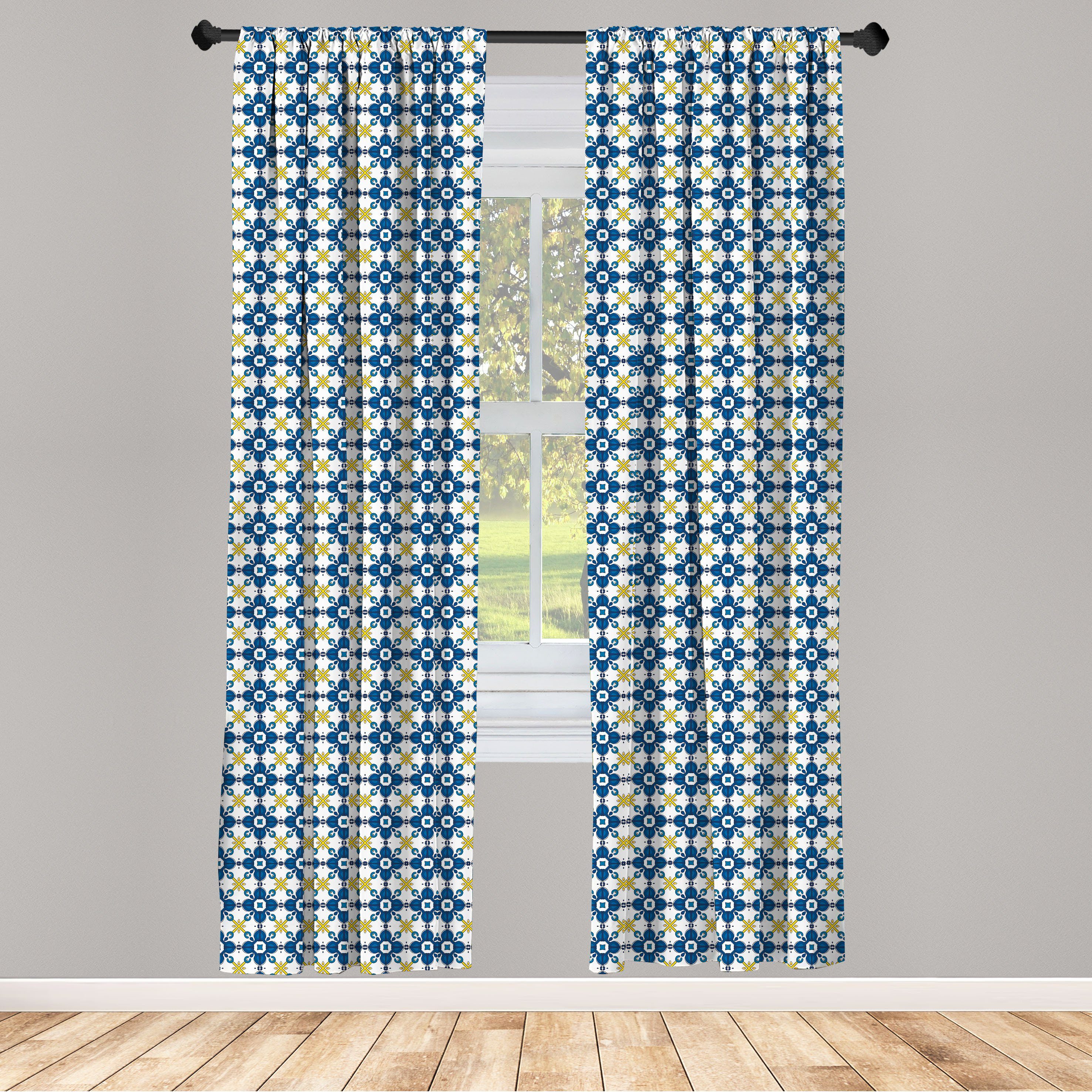 Gardine Vorhang für Wohnzimmer Schlafzimmer Dekor, Abakuhaus, Microfaser, Ethnisch Traditionelle Azulejo Fliese