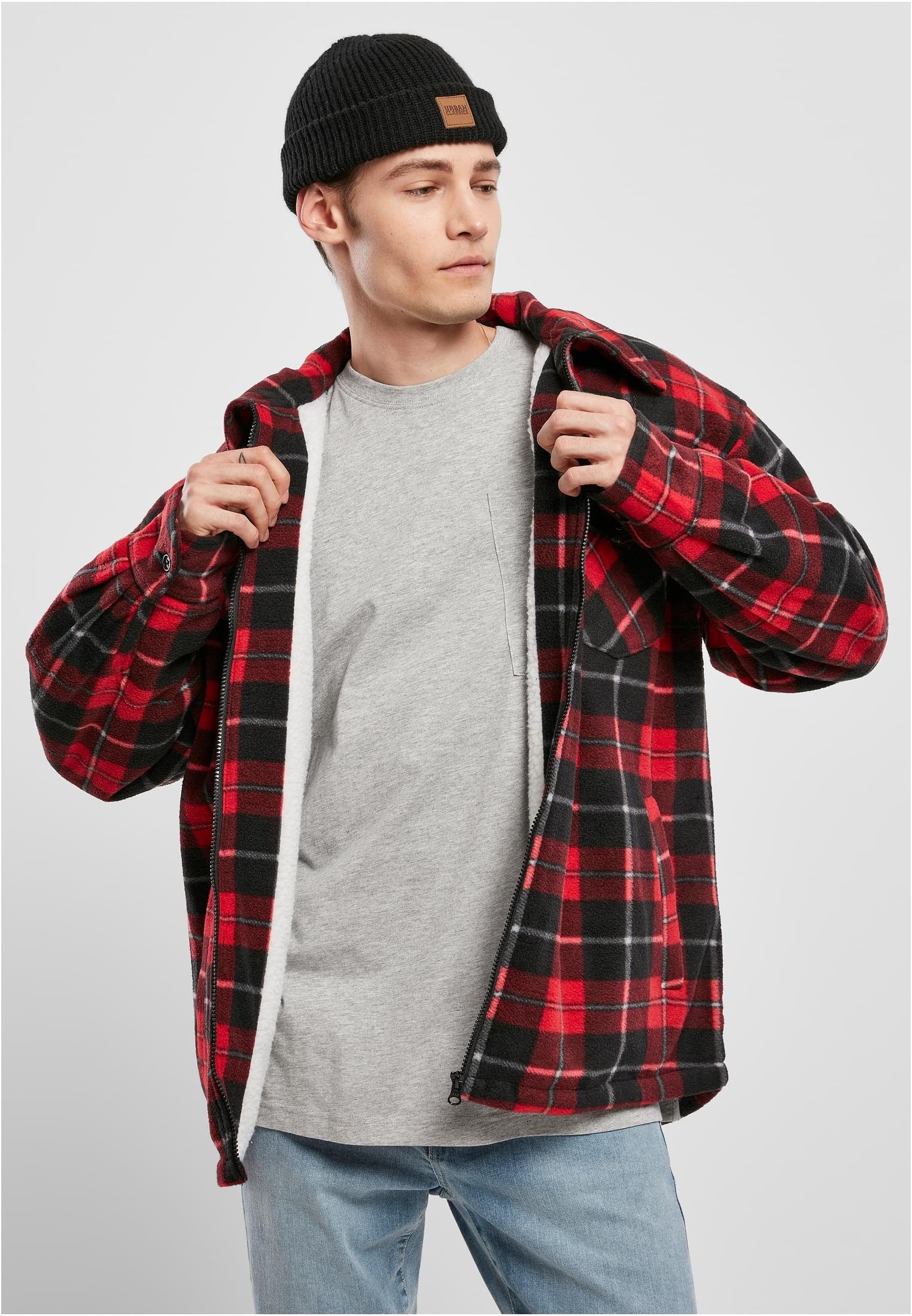 URBAN CLASSICS Outdoorjacke Herren Plaid Jacket (1-St) Lined Shirt Teddy red/black