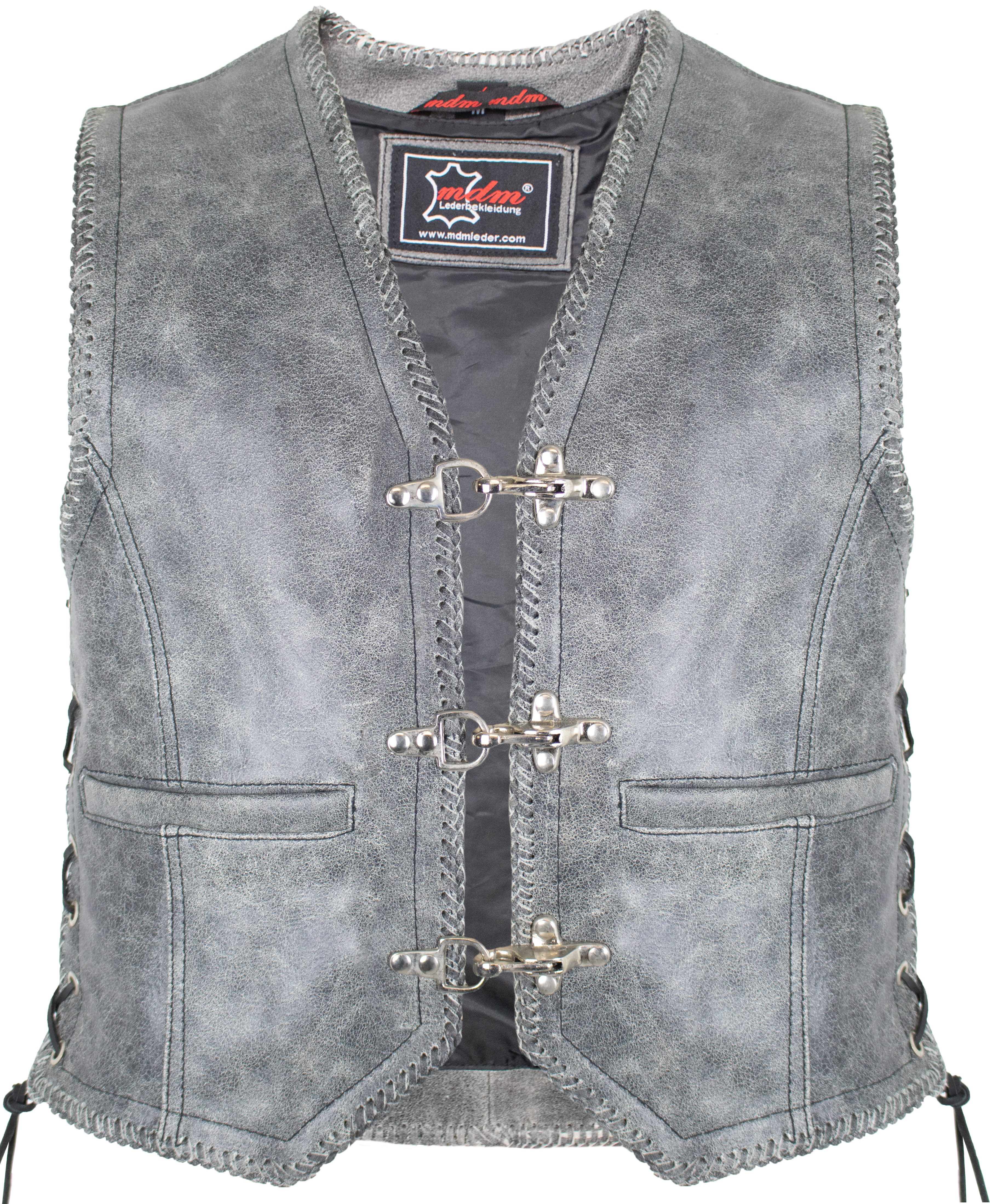 MDM Motorradweste Herren Biker Leder Kutte Grau Motorradweste Echtleder Rocker Vintage Look, Biker Lederkutte aus Rindsleder