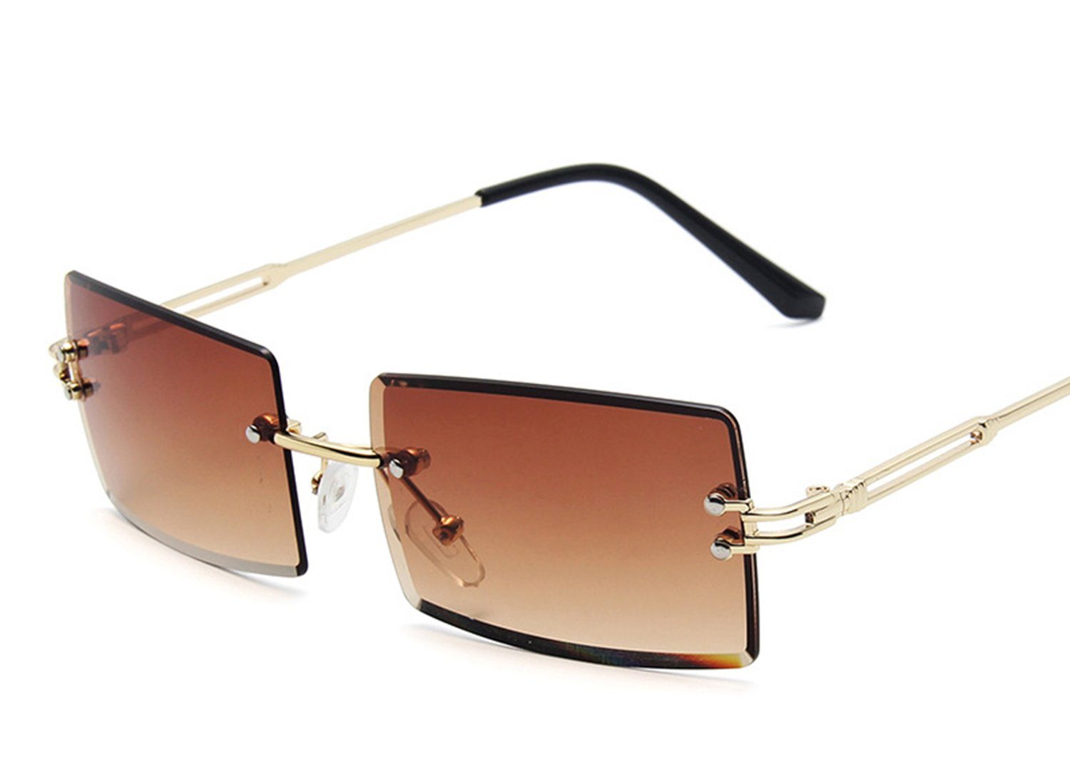 Haiaveng Sonnenbrille Rechteckige Randlose Sonnenbrille Unisex Ultra-Small Retro Brille Durchsichtige Linse für Damen Herren brown