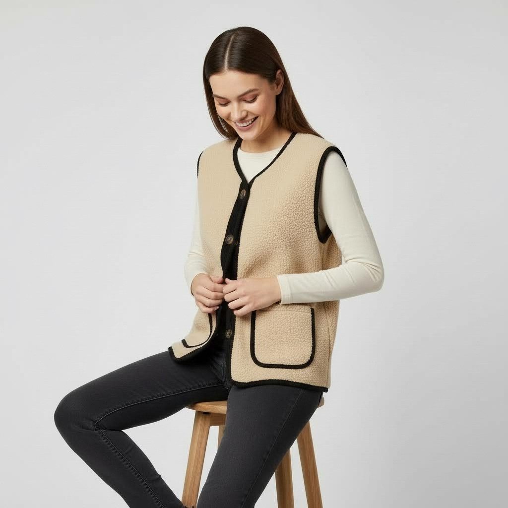 May Gem Kurzweste Damen Kurzweste im Bouclé Stil mit Samt Details 38-42 Einheitsgröße - 38-40 (lässig) & 40-42 (klassisch)