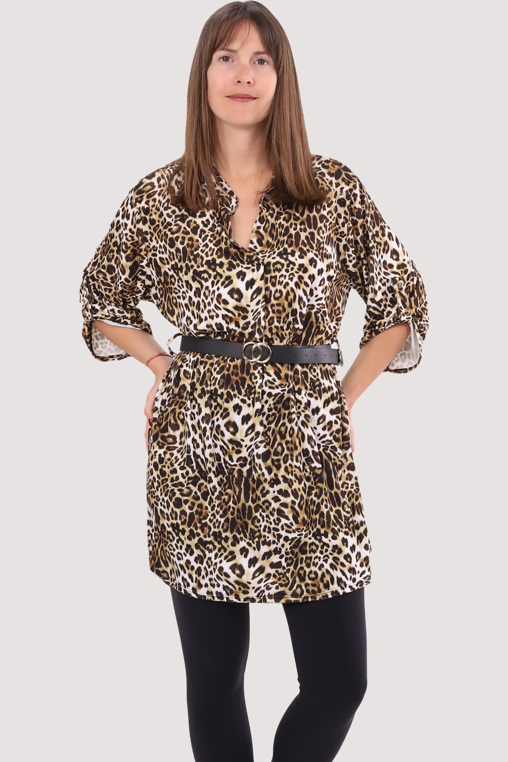 malito more than fashion Druckkleid 23203 Animalprint Kleid Tunika Bluse mit Gürtel Einheitsgröße Leo 1 | Gemusterte Kleider