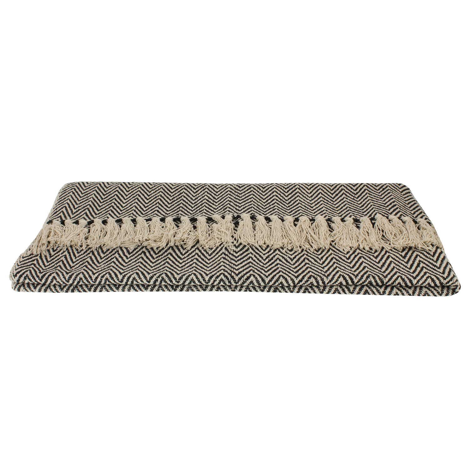 Wolldecke Hochwertige Wohndecke Schwarz Beige mit Fischgrät-Muster, Macosa Home, 100% Baumwolle Fransendecke Plaid Sofadecke Wolldecke Reisedecke