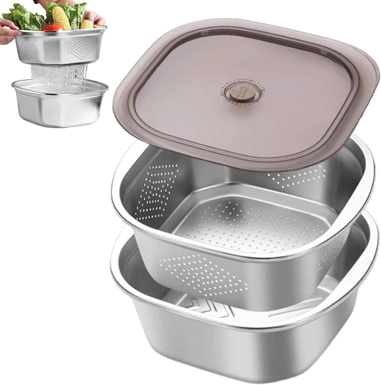 FELIXLEO Salatschleuder 4600ml Küchensieb Edelstahl Mit Deckel Für Gemüse Reis Nudeln, (1-tlg)