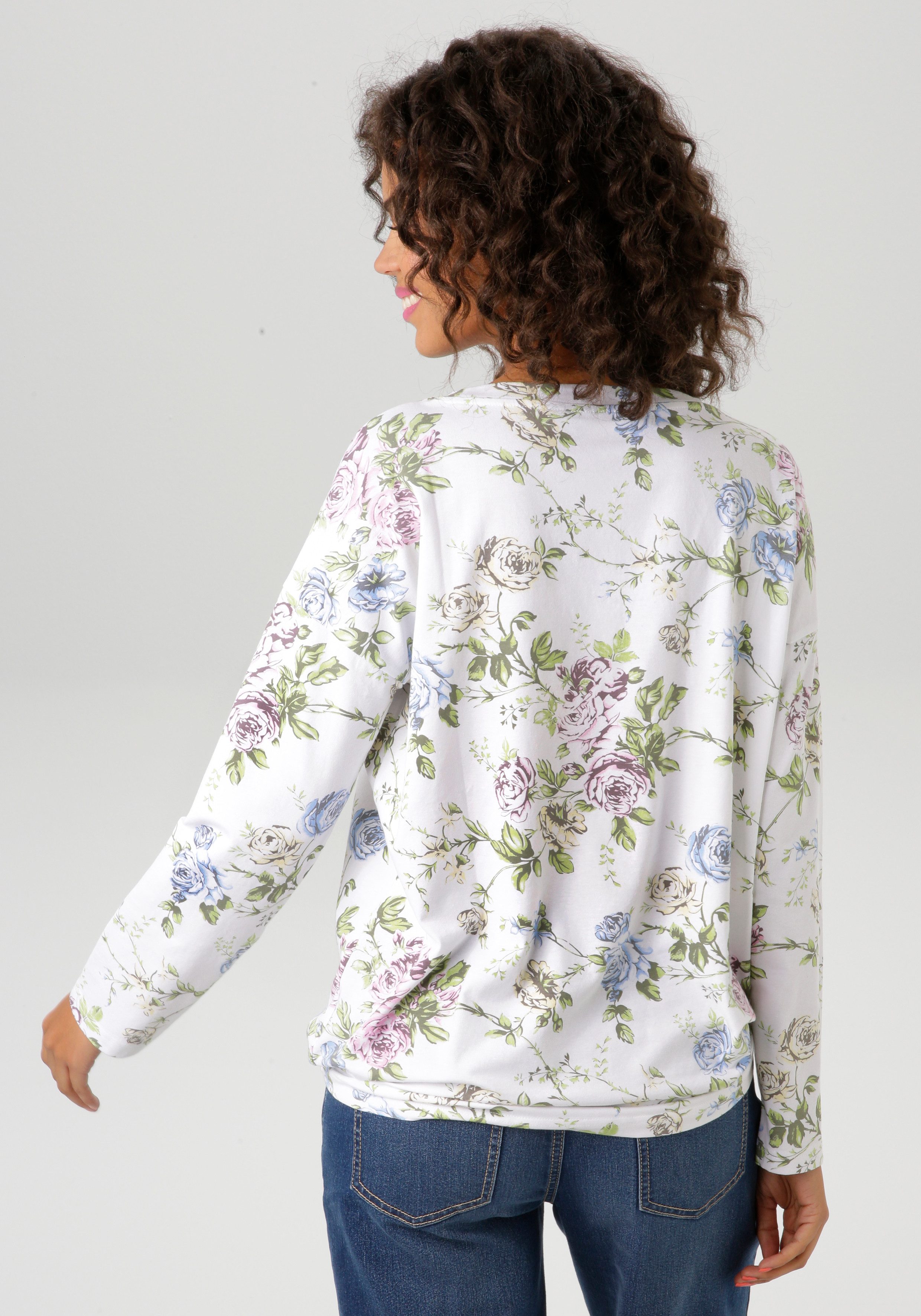 Aniston CASUAL Langarmshirt mit silberfarbenen Schriftzug verzierter Rosend günstig online kaufen
