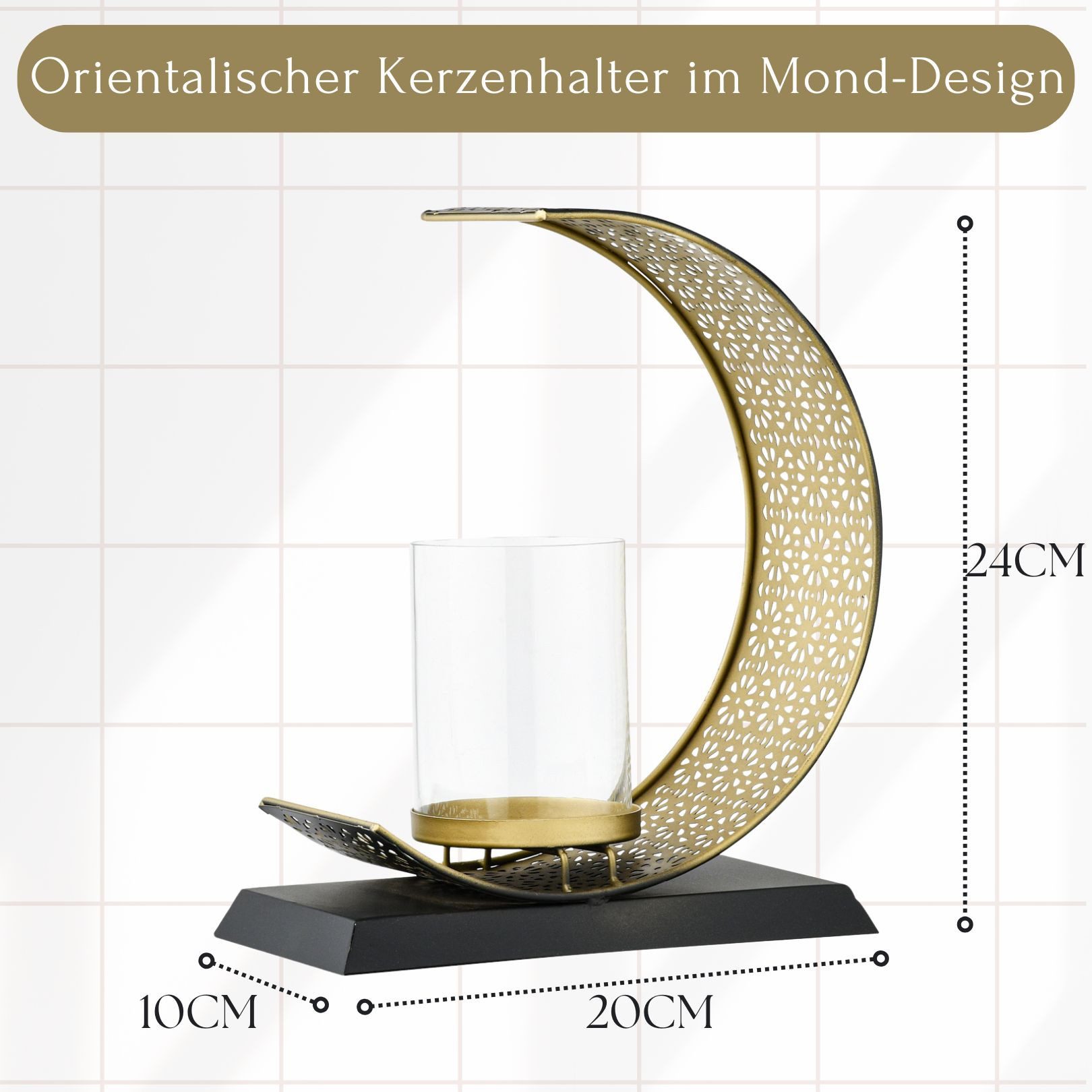 Marrakesch Orient & Mediterran Interior Teelichthalter Orientalischer Kerzenhalter Amnur aus Metall schwarz gold 24 cm Deko (1 St), Handarbeit