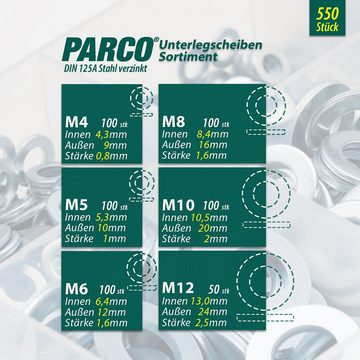 PARCO Unterlegscheibe Unterlegscheiben Sortiment DIN125 A vz. 550 Stück