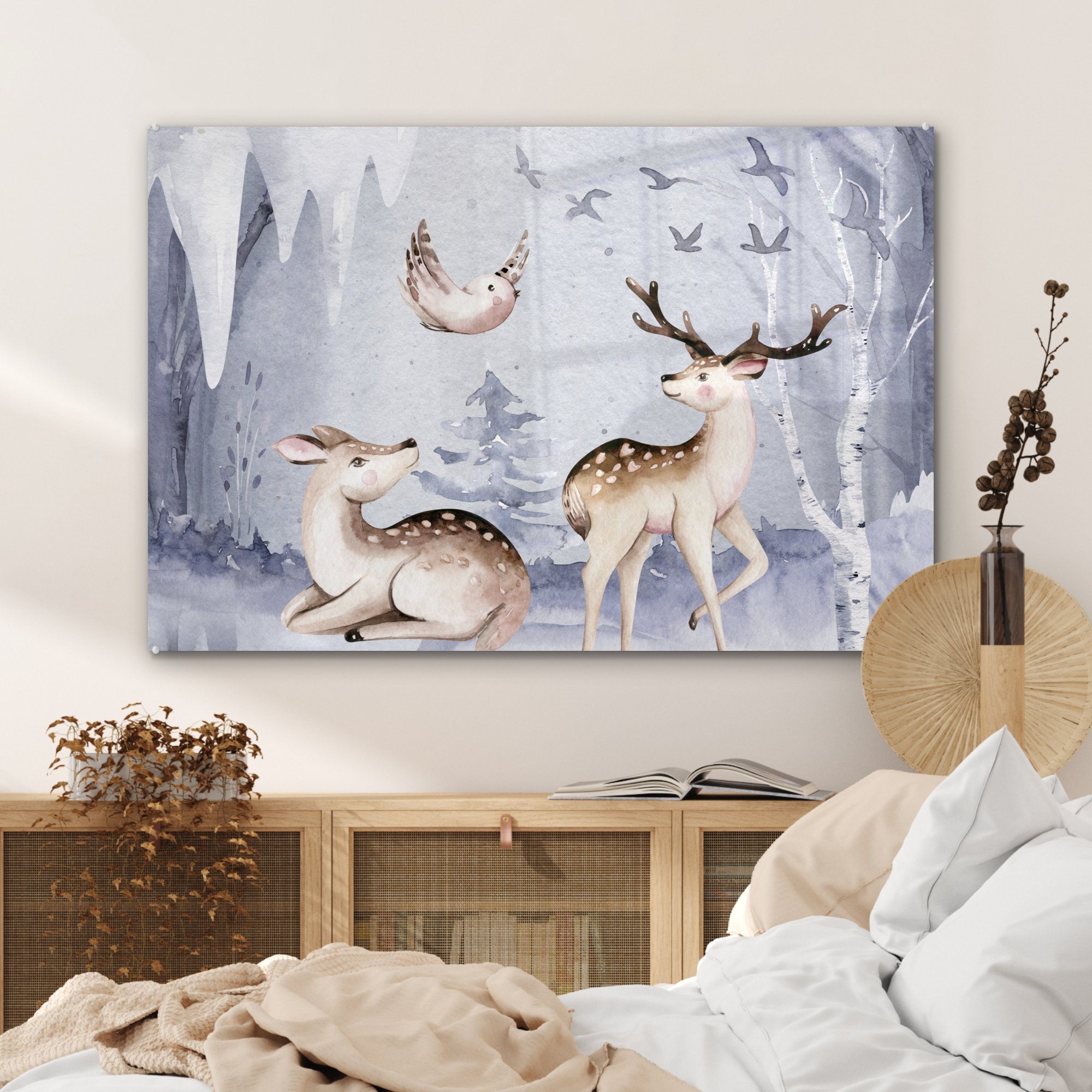 Vögel Schlafzimmer - - Acrylglasbild MuchoWow Hirsche - (1 & Wohnzimmer Schnee, Winter Acrylglasbilder St),