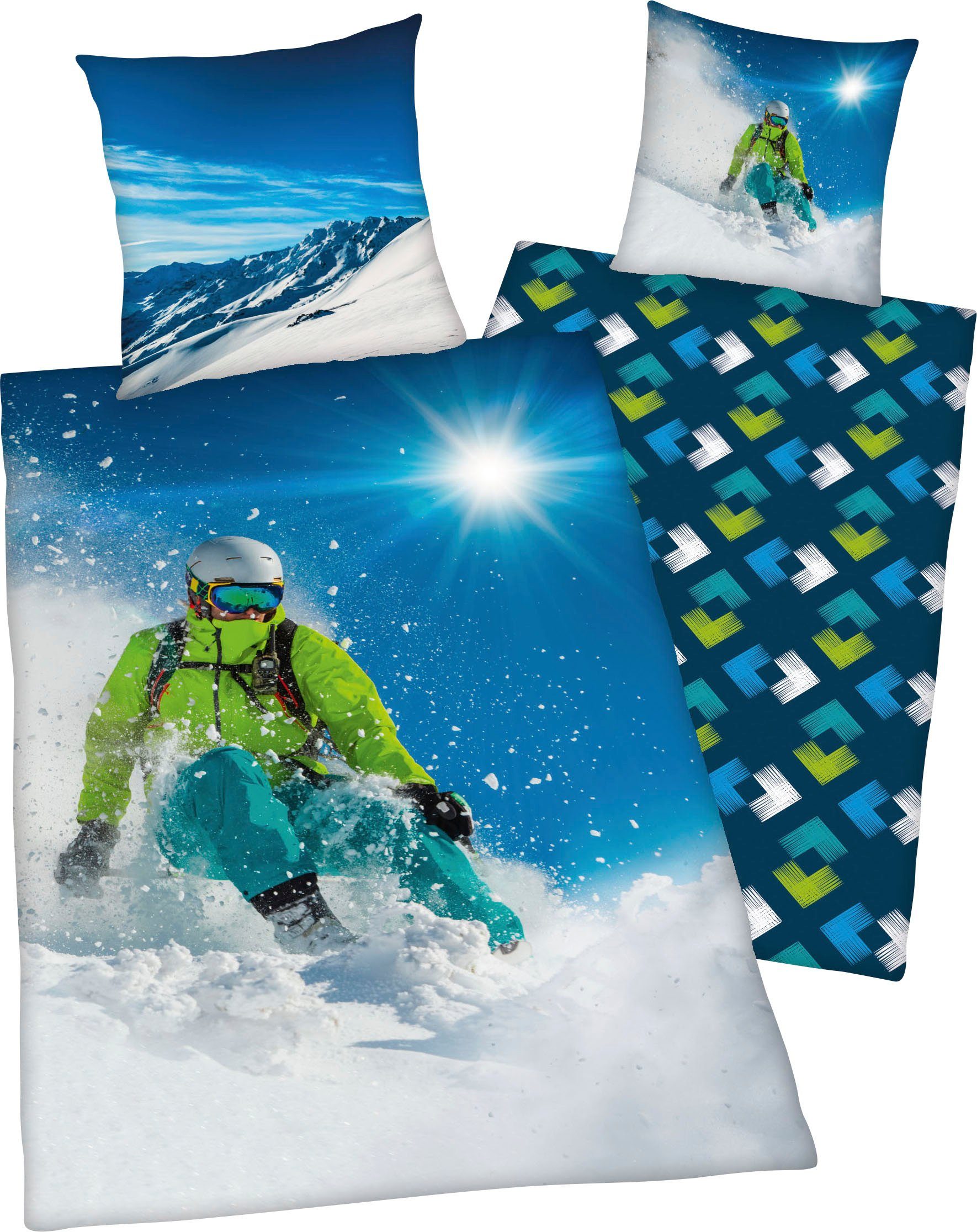 Wendebettwäsche Skifahrer, Herding Young Collection, Renforcé, mit tollem "Skifahrer" Motiv