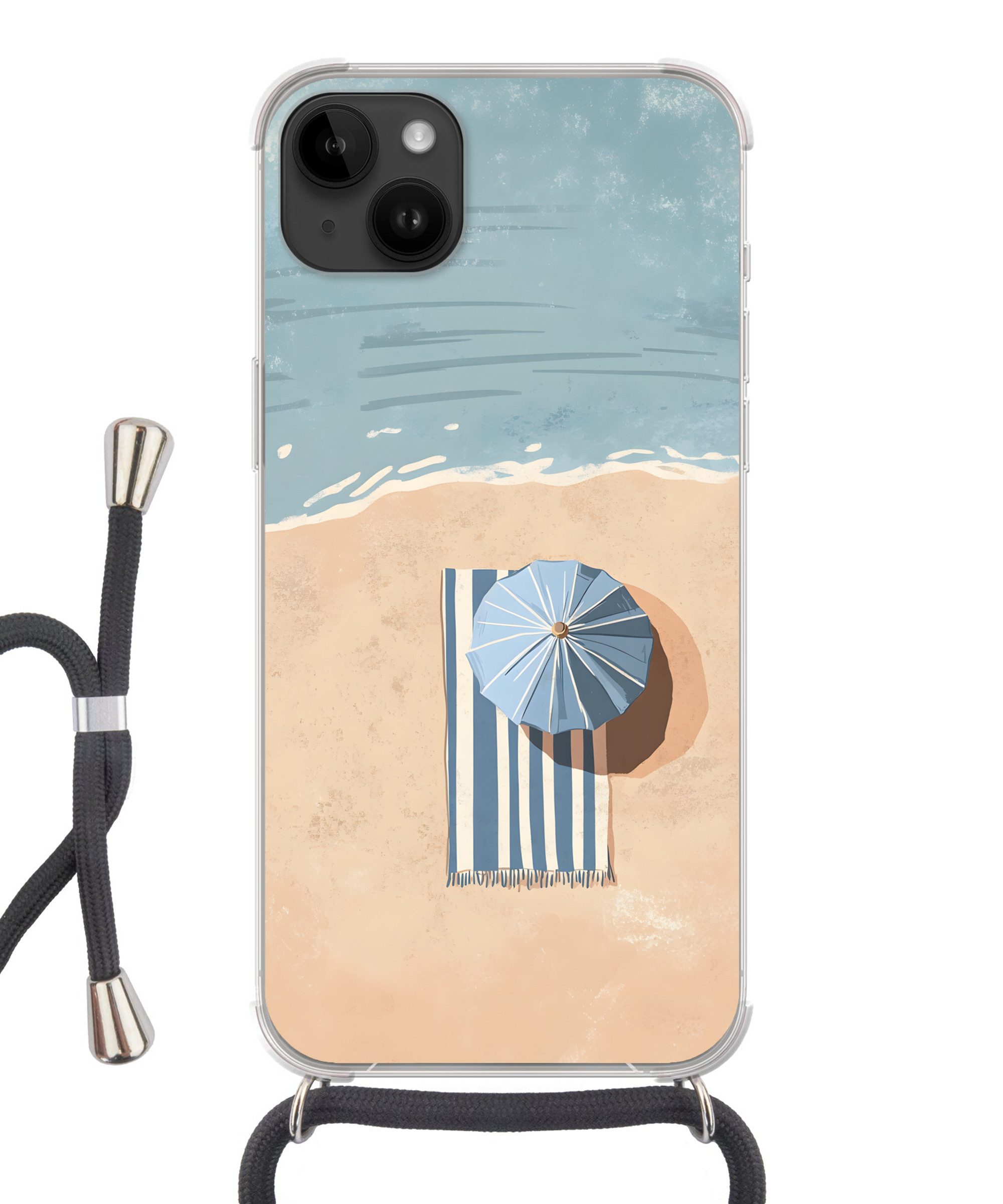 MuchoWow Handyhülle für Apple iPhone 14 Max Strandtuch - Streifen - Sonnenschirm - Strand, Tragbare Handyhüllen mit Kette zum umhängen, Handykette Handyband
