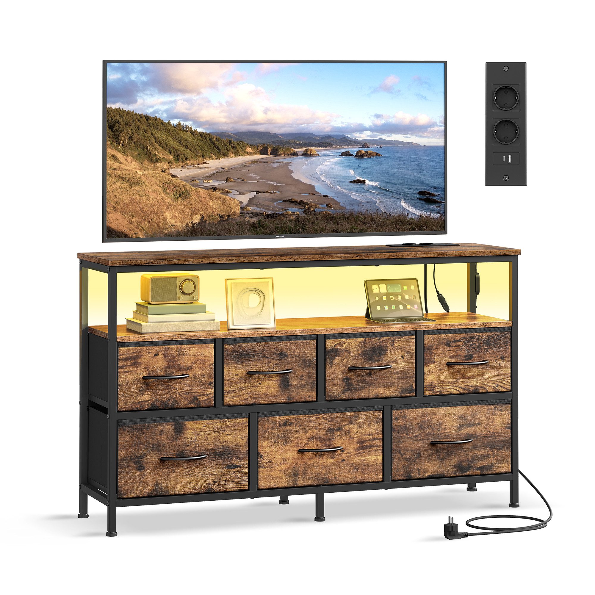 SONGMICS Kommode, LED-Beleuchtung, Sideboard, Schubladenschrank, mit Ladestation