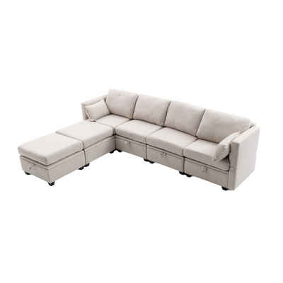 AUKWIK Ecksofa mit Hockern und Stauraum, frei arrangierbaren Schlafsofa, Set, 6-Sitzer mit 2 Kissen, Modulares Sofaset