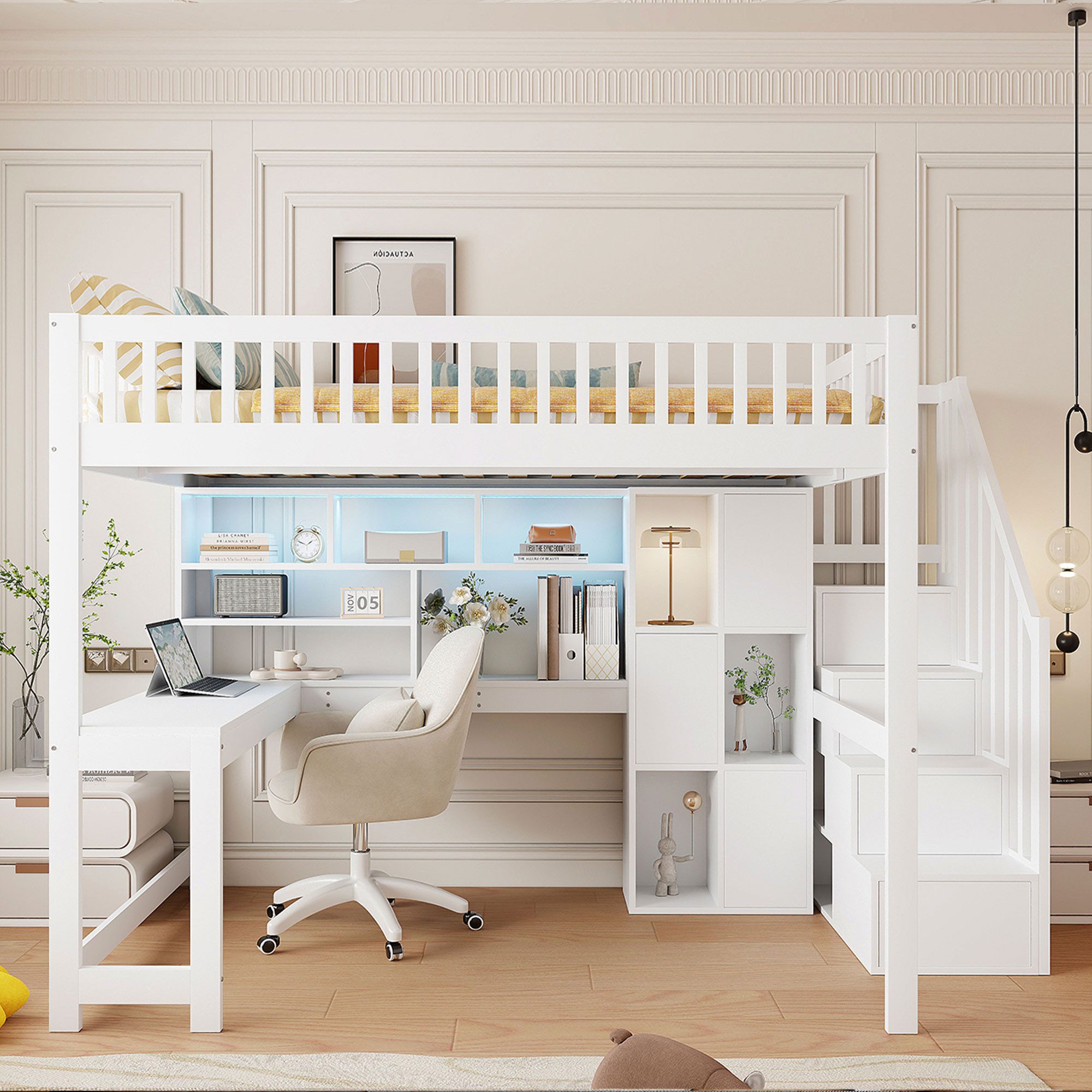 Merax Hochbett 140x200cm mit LED-Beleuchtung (1-St., Jugendbett Einzelbett Stockbett aus Kiefernholz/MDF) Kinderbett mit Stauraumtreppe, Regalen, Ablagefächern  – Bild 3 von 5