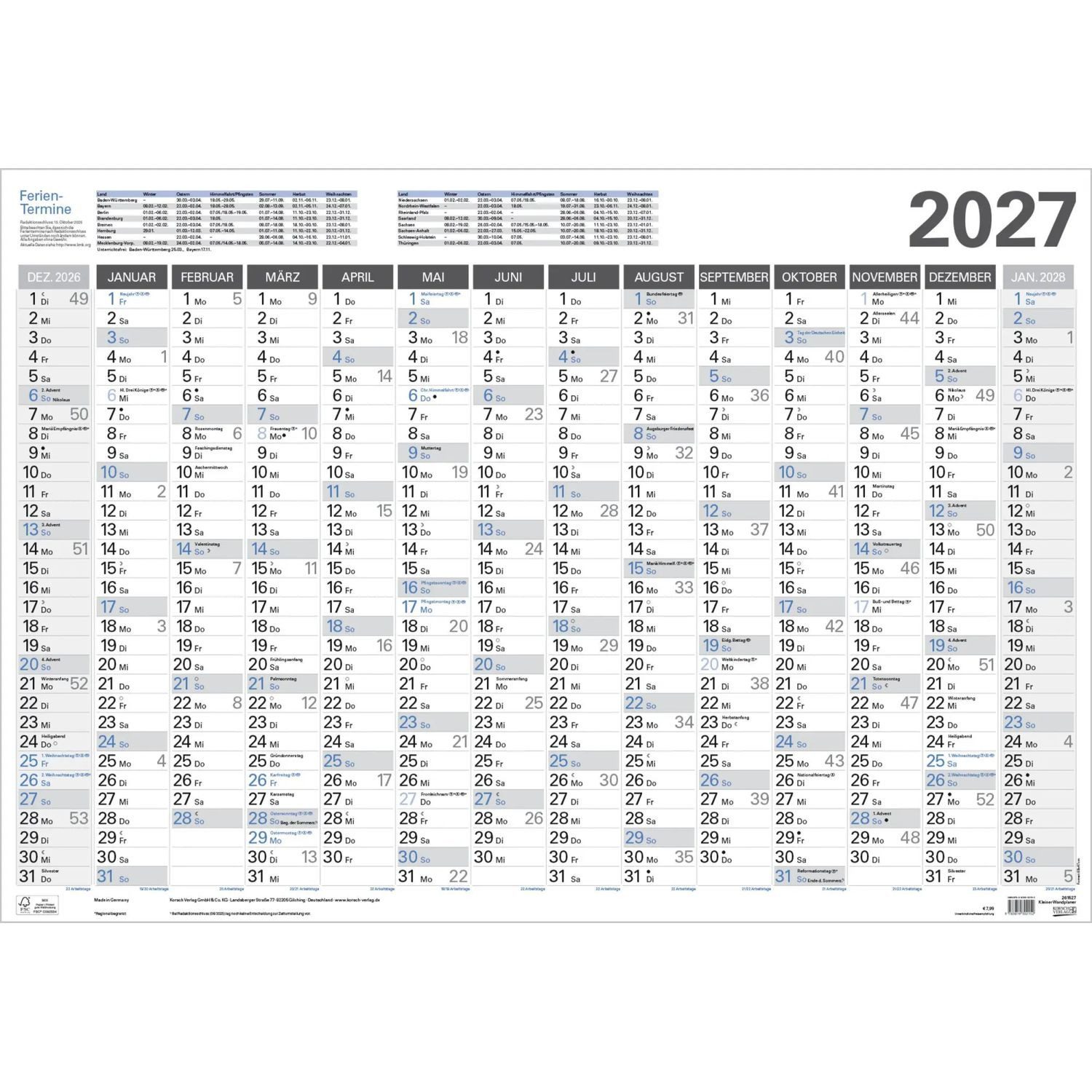 Korsch Verlag Wandkalender Kleiner Wandtimer 2027