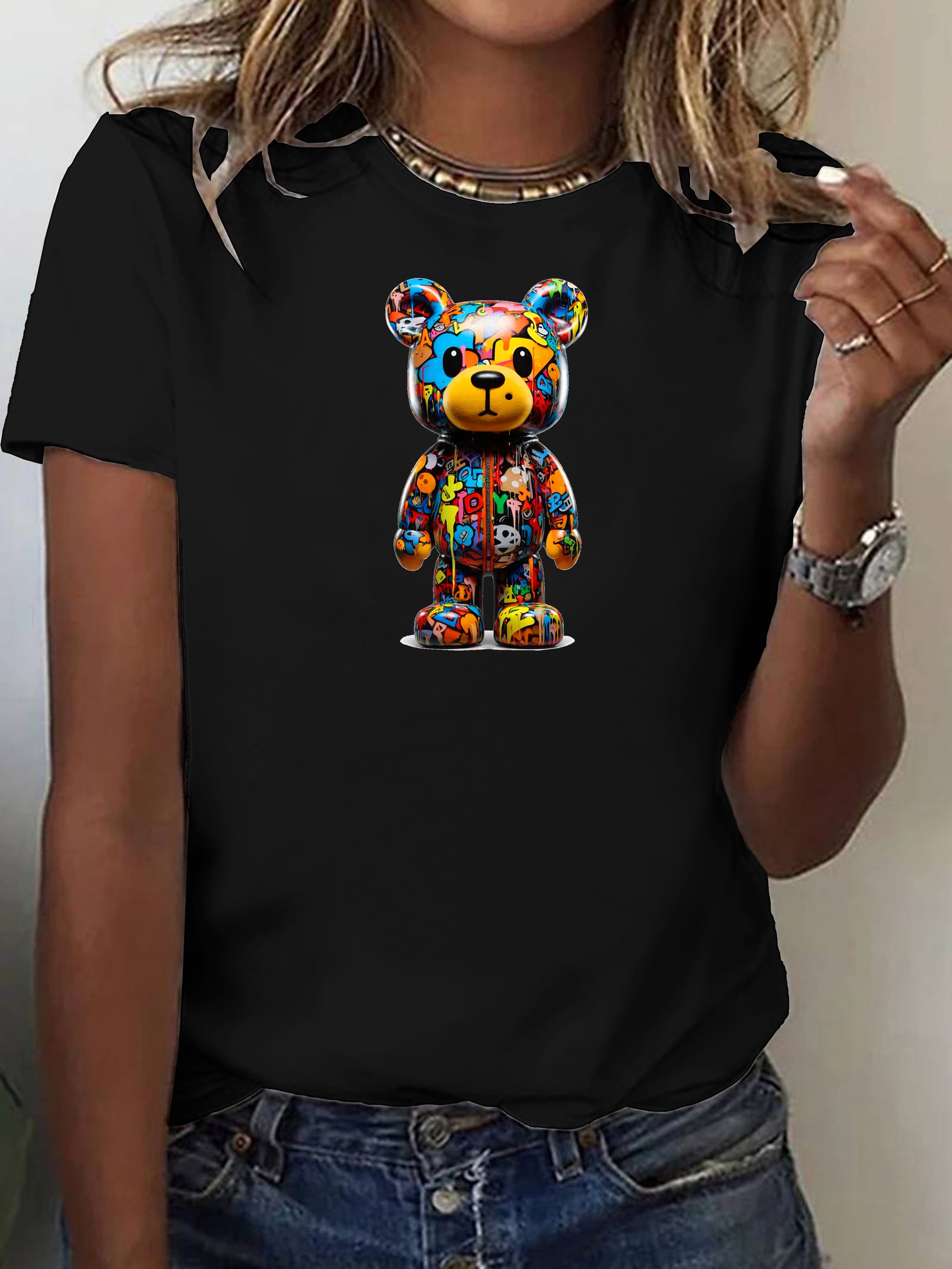 RMK T-Shirt Damen Shirt Rundhals Basic "Color Bear" aus 100% Baumwolle
