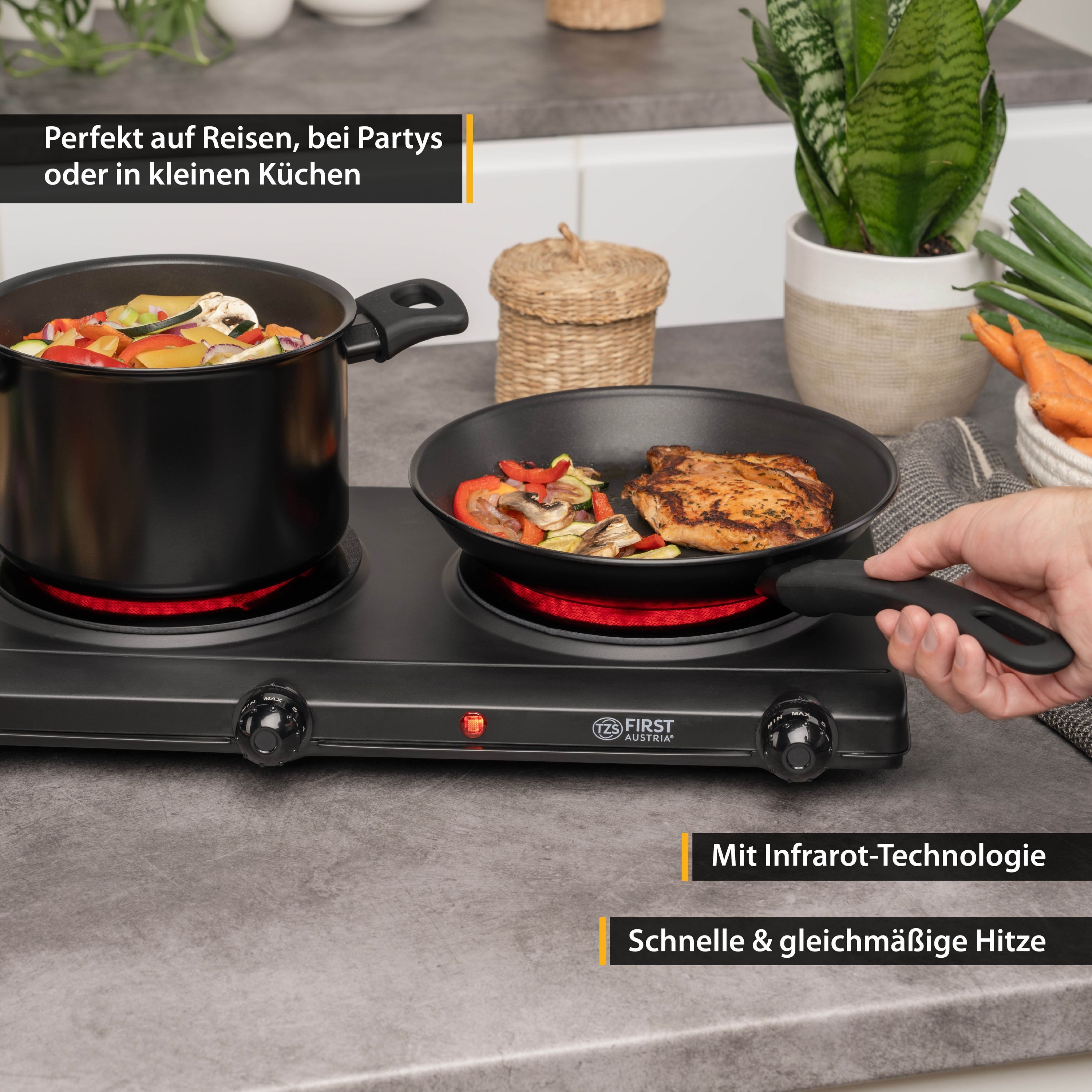 TZS FIRST AUSTRIA Doppelkochplatte Infrarot Kochplatte, 2500W, Keramik, stufenlose Temperaturregelung, Kochfeld Schwarz, Herdplatte für Camping – Bild 4 von 5