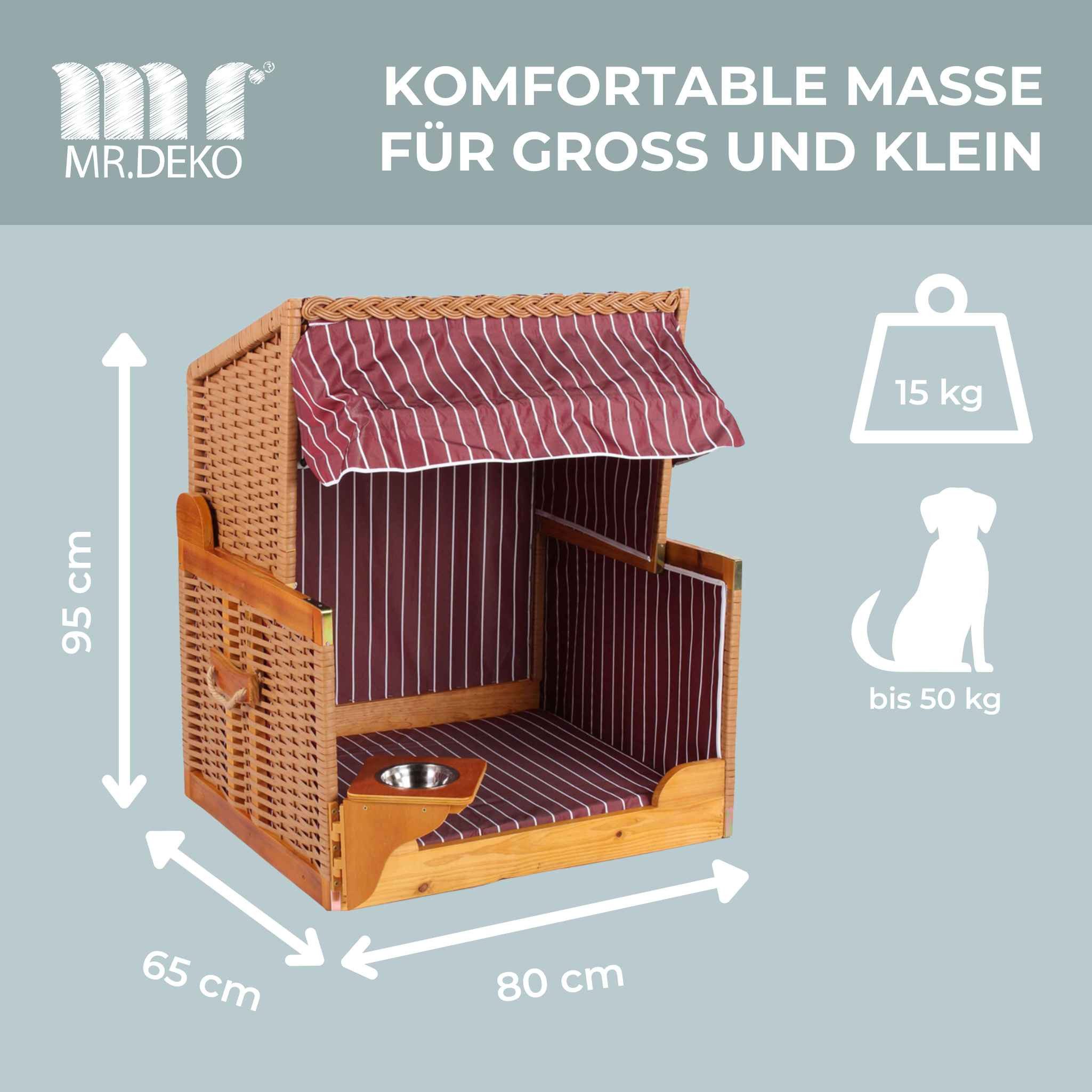 MR.DEKO Haustierstrandkorb Wacholder PE Beige Dessin Rot Gestreift Hundestrandkorb, BxTxH: 80x65x95 cm, Hundestrandkorb, Hundestrandkorb, (Strandkorb für Hunde und Katzen, zerlegte Lieferung, 1-tlg), Hundekorb mit Napf, verstellbarer Sonnenblende