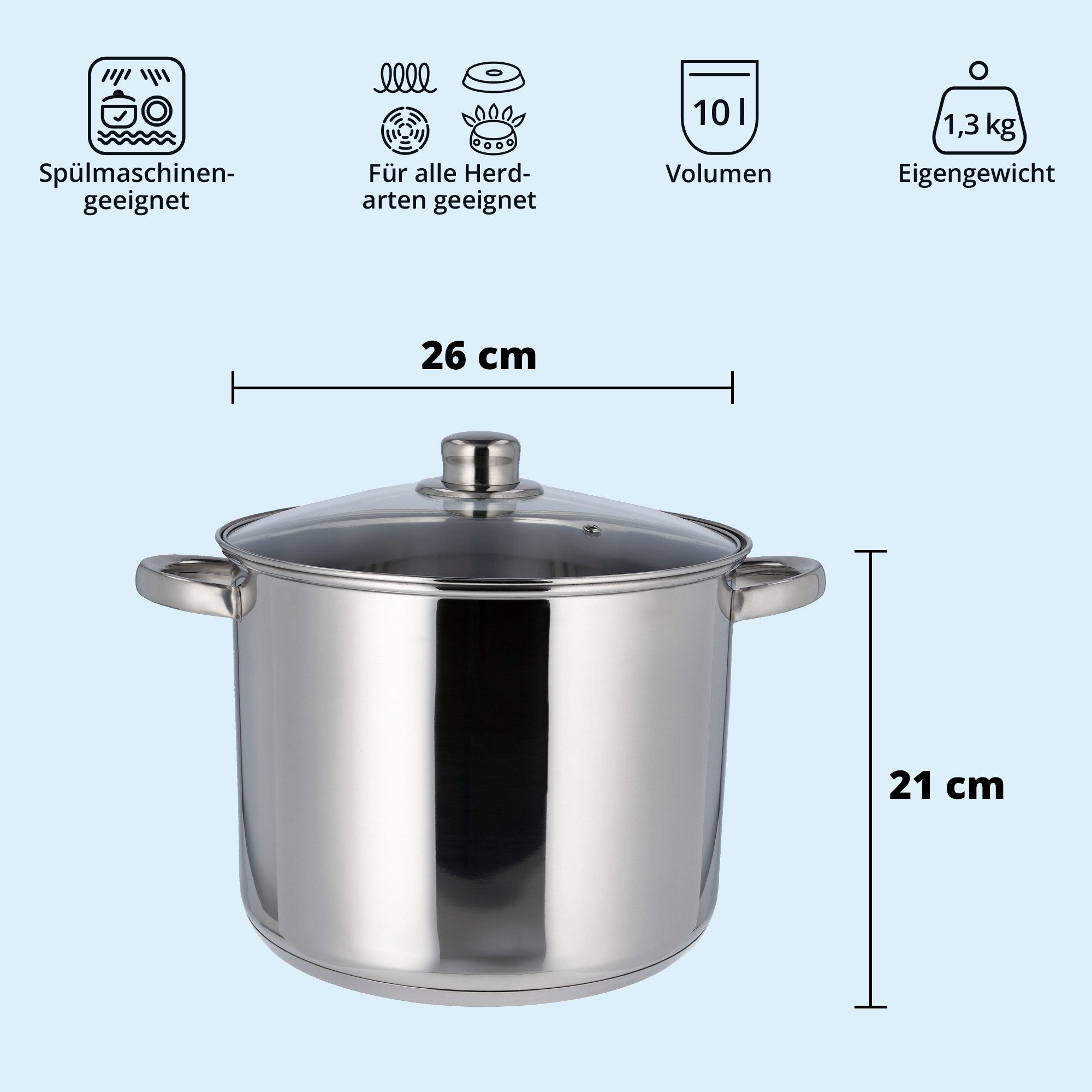 KHG Suppentopf XXL Kochtopf 26 cm Durchmesser, inkl. Glasdeckel, Edelstahl, 10 Liter Volumen, Glasdeckel, für alle Herdarten inklusive Induktion