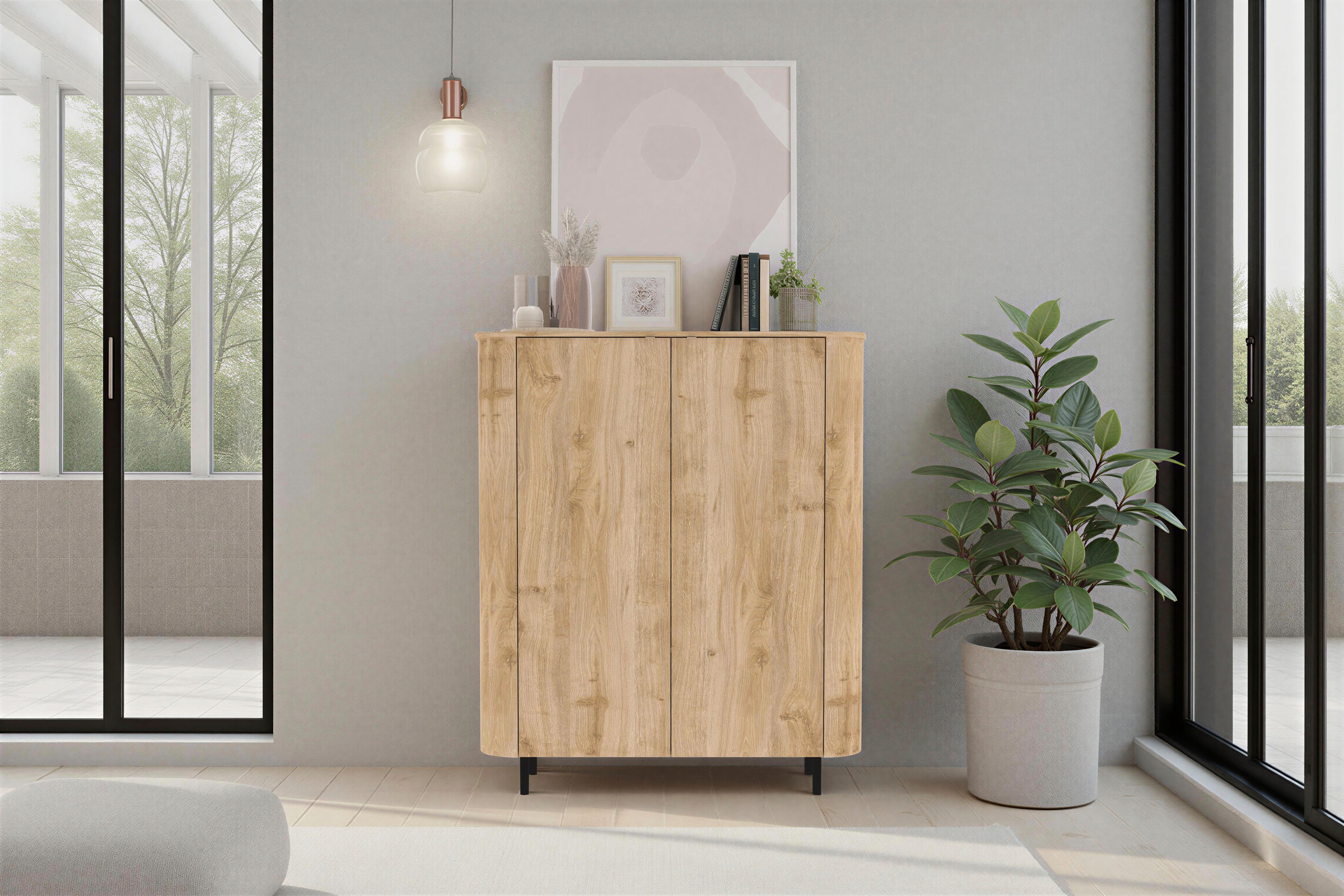 Home affaire Highboard Murano, B/H 131/154 cm, 2 Türen, Stauraumschrank, Hochkommode, Formgebogenes MDF, Stirnseiten mit Rundung, Füße und Griffe aus Metall