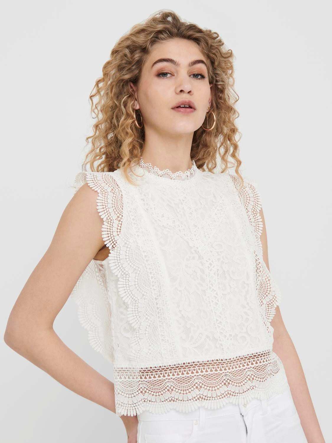 ONLY Spitzenshirt ONLKARO – Spitzentop mit Stehkragen für elegante Looks regular fit, feminin, Web, Materialmix, hochgeschlossen