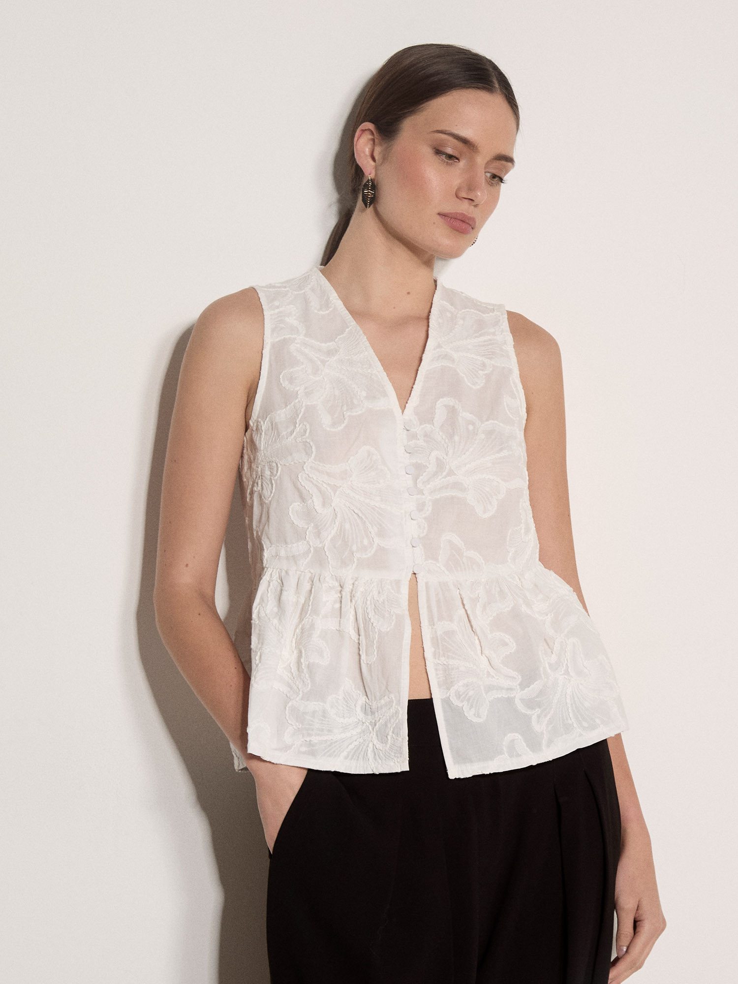 Apricot Blusentop Peplum-Oberteil mit Blumenstickerei