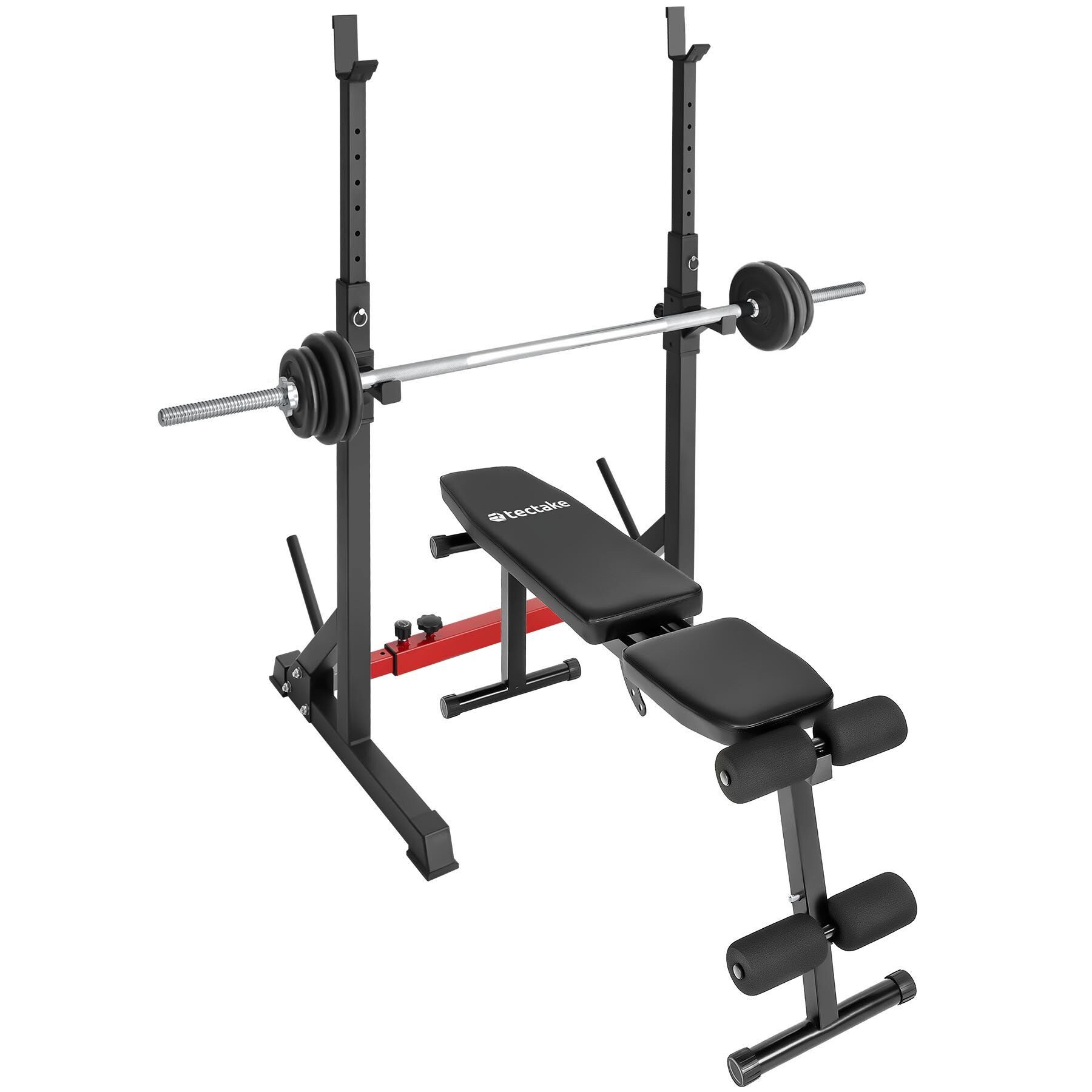 tectake Hantelbank Fitnessbank, bodenschonende Kunststoffkappen, multifunktional, (Trainingsbank Apollo, in schwarz), Mit oberer & vorderer Ablage, Höhe & Breite verstellbar, fester Stand