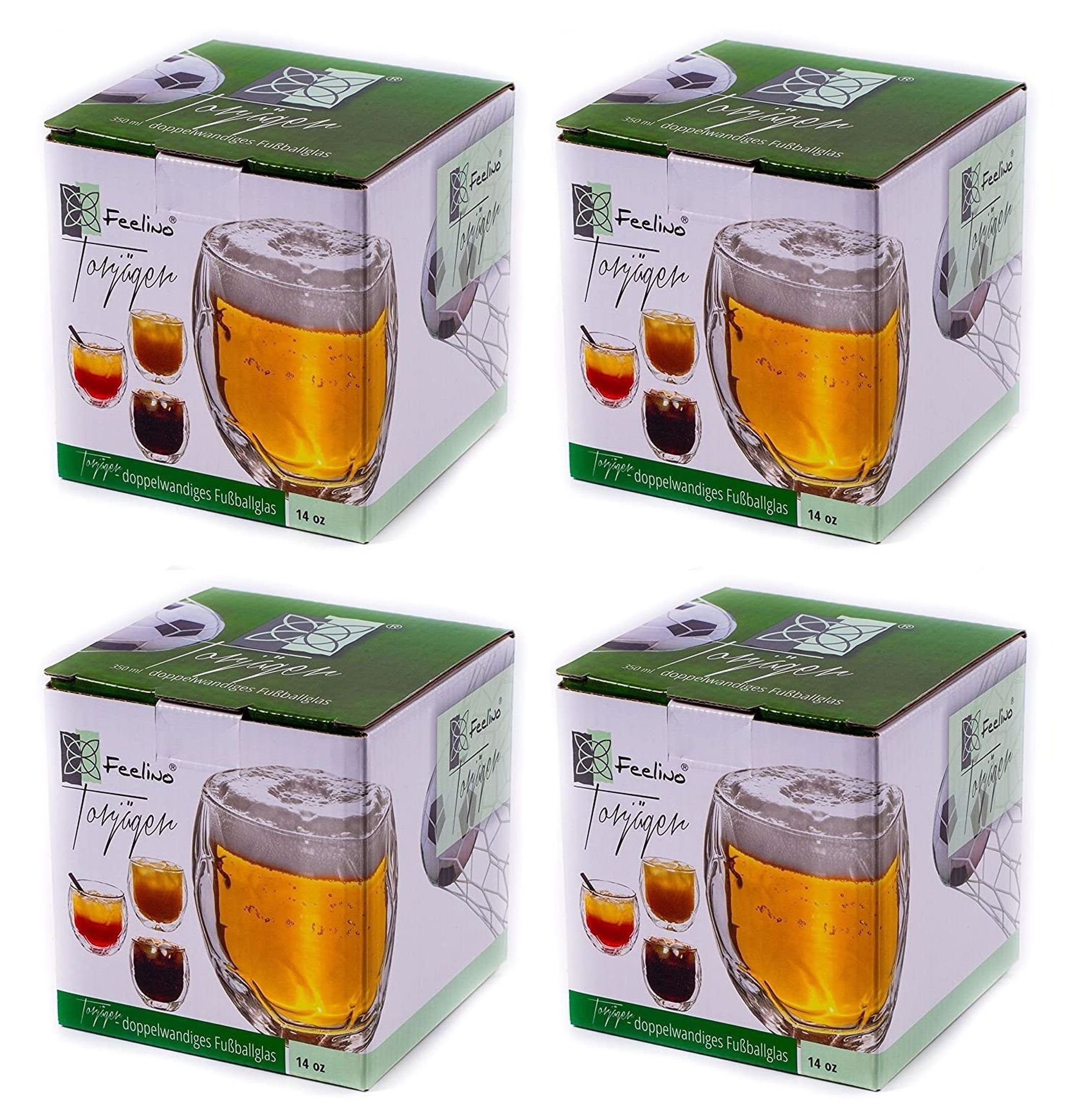Feelino Gläser-Set 4x Trinkglas Wasserglas Glas 350ml Fußball Thermoglas Doppelwandig, Glas