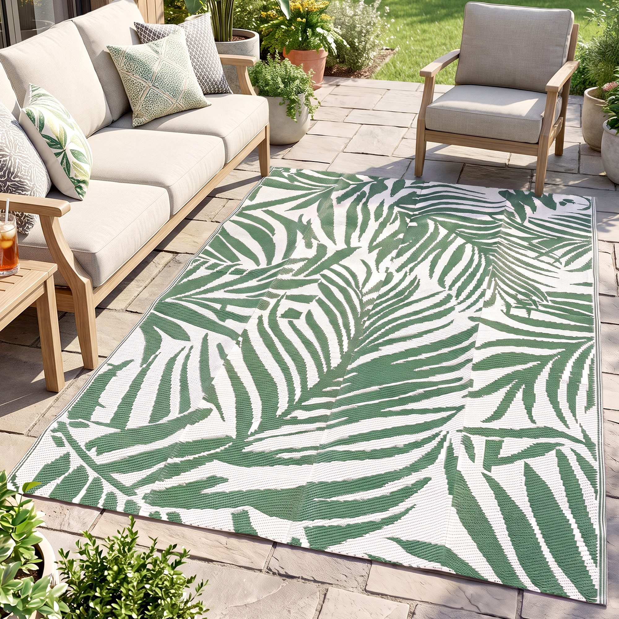 Outsunny Outdoorteppich Outdoor Teppich, wendbares wetterfest Carpet mit Blätter-Muster, rechteckig, Höhe: 1 mm, 152 x 243 cm Dunkelgrün