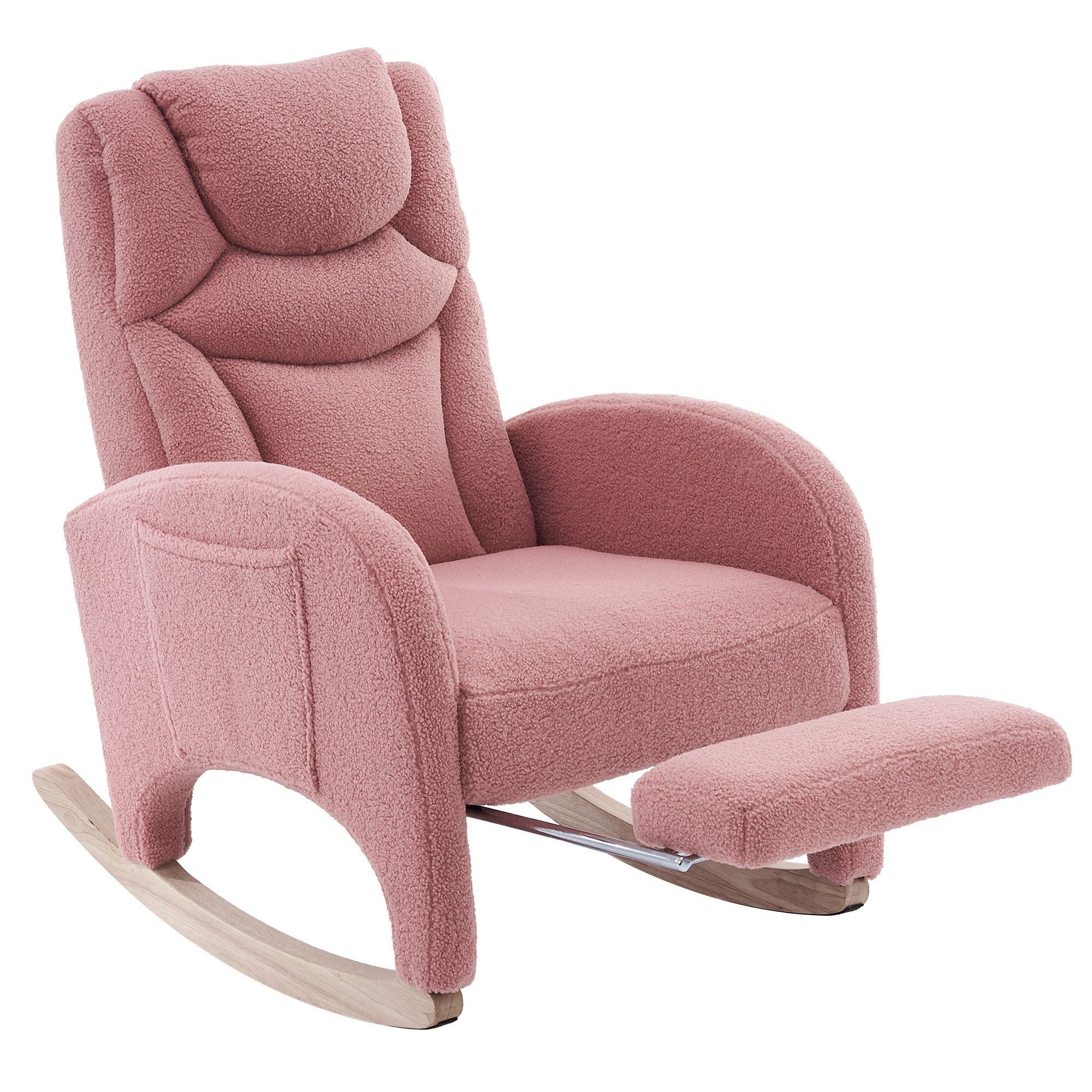 HAUSS SPOLE Stuhl Relaxsessel Posterstuhl mit Fußstütze, dicke Polsterung, Rosa (Schaukelstuhl mit Armlehne & Kopfstütze, Kunstfell-Stoff, 110 kg Tragkraft, Ideal für Wohnzimmer und Schlafzimmer – Relaxsessel mit klappbarem Fußhocker für maximale Entspannung), mit Armlehnen
