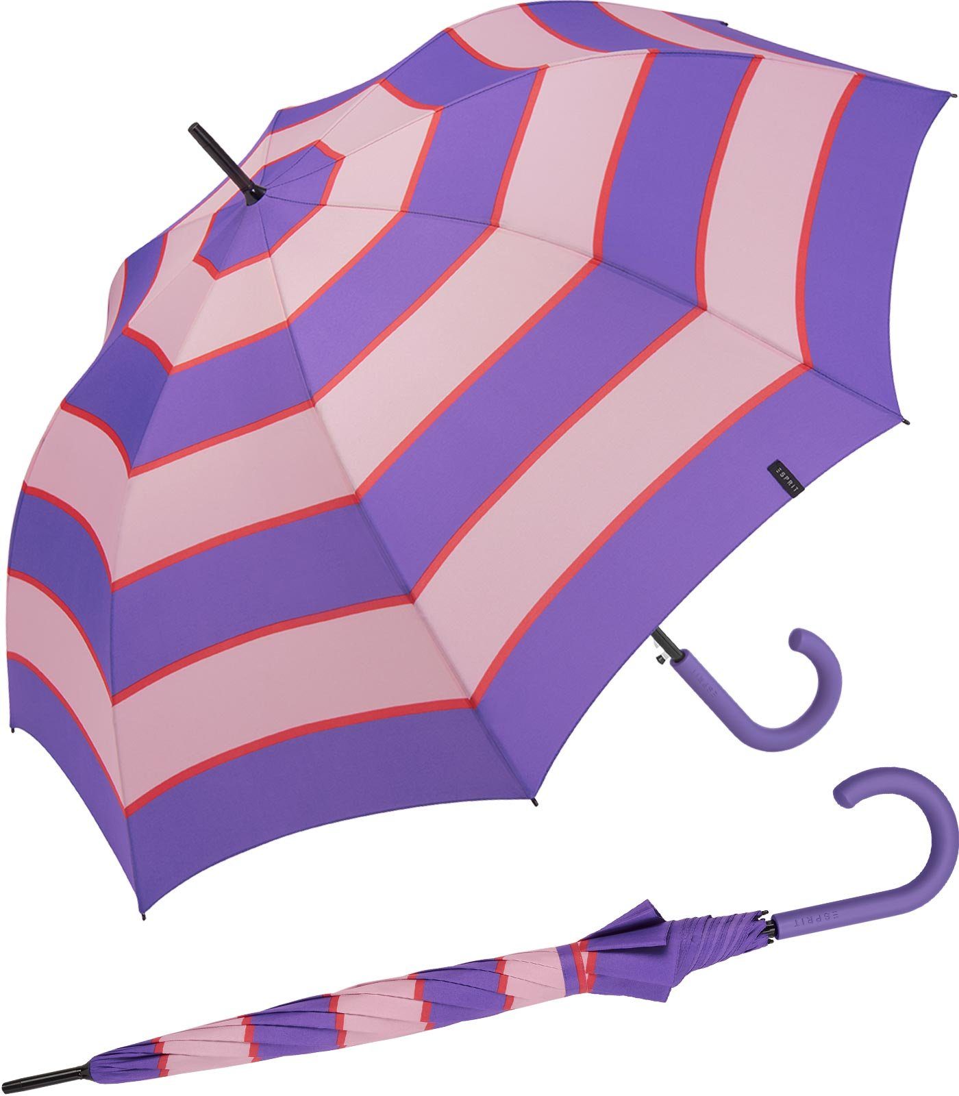 Esprit Langregenschirm Damen Auf-Automatik Collegiate Stripe deeplavender, groß, stabil, mit Streifen-Muster lila-altrosa