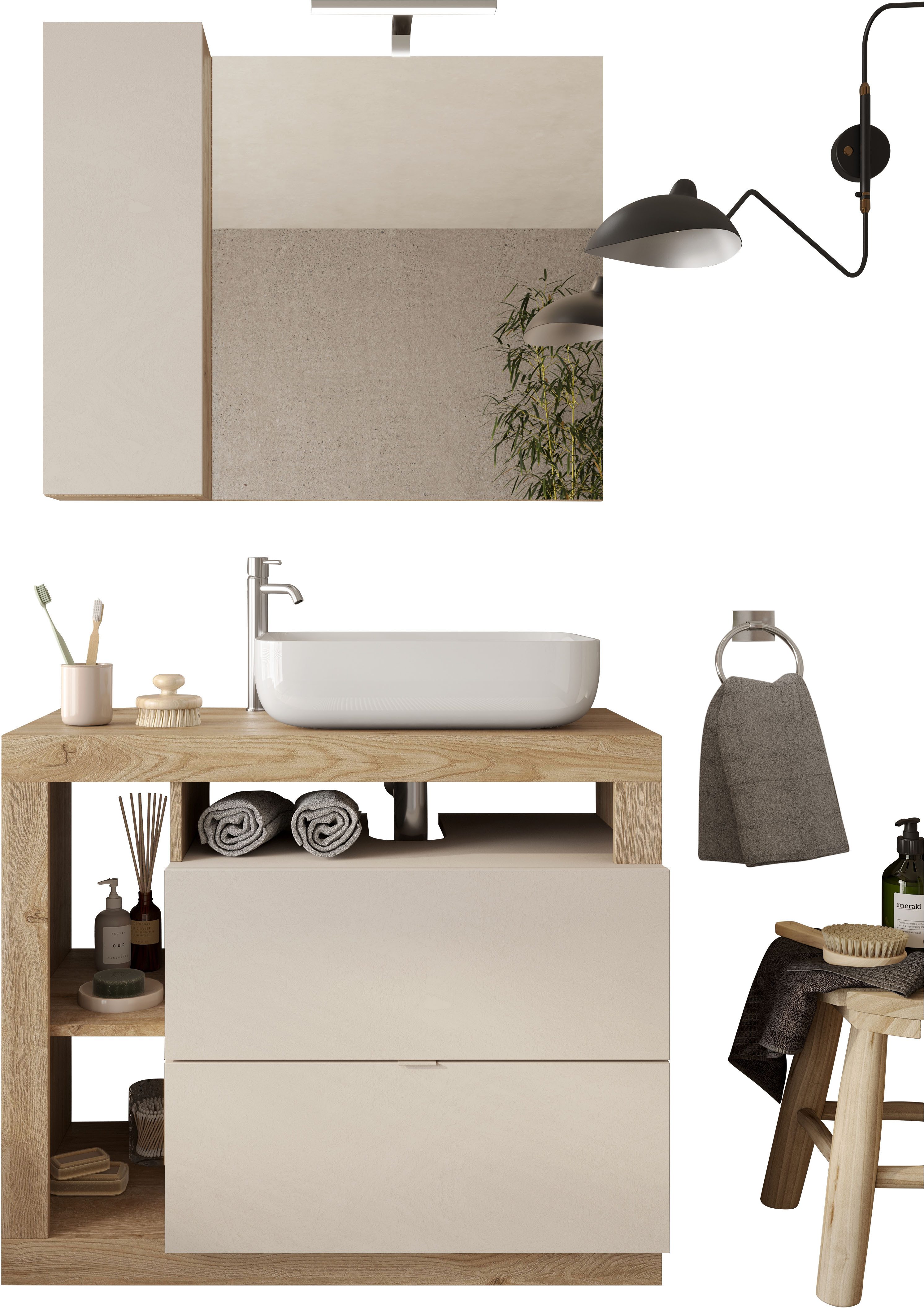 welltime Badmöbel-Set Hamburg, Badezimmerset 2tlg. Breite 92 cm, Badmöbel, Waschtisch inkl., (Spar-Set, 2-St), Waschbecken, Spiegelschrank mit LED Aufbauleuchte, Soft-Close-Funktion