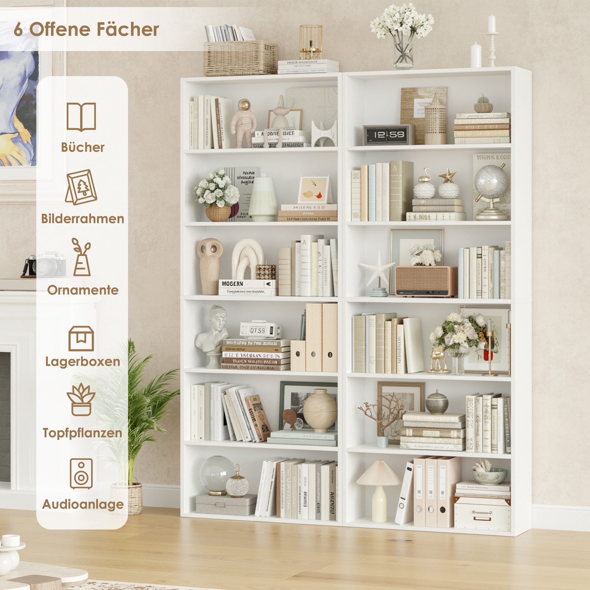 Homfa Bücherregal, 180cm Standregal Büroregal Raumteiler mit 6 Fächern Weiß