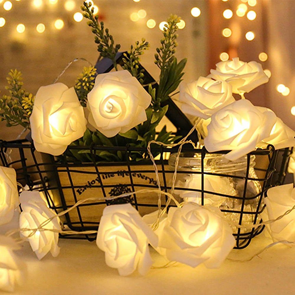 MUPOO LED-Lichterkette LED Nachtlicht 3M Girlande,Kunstblume für Rose,LED Rose Party Warmweiß,Batterie, Weihnachten,Blumengirlande 20LEDs Garten Dekolicht