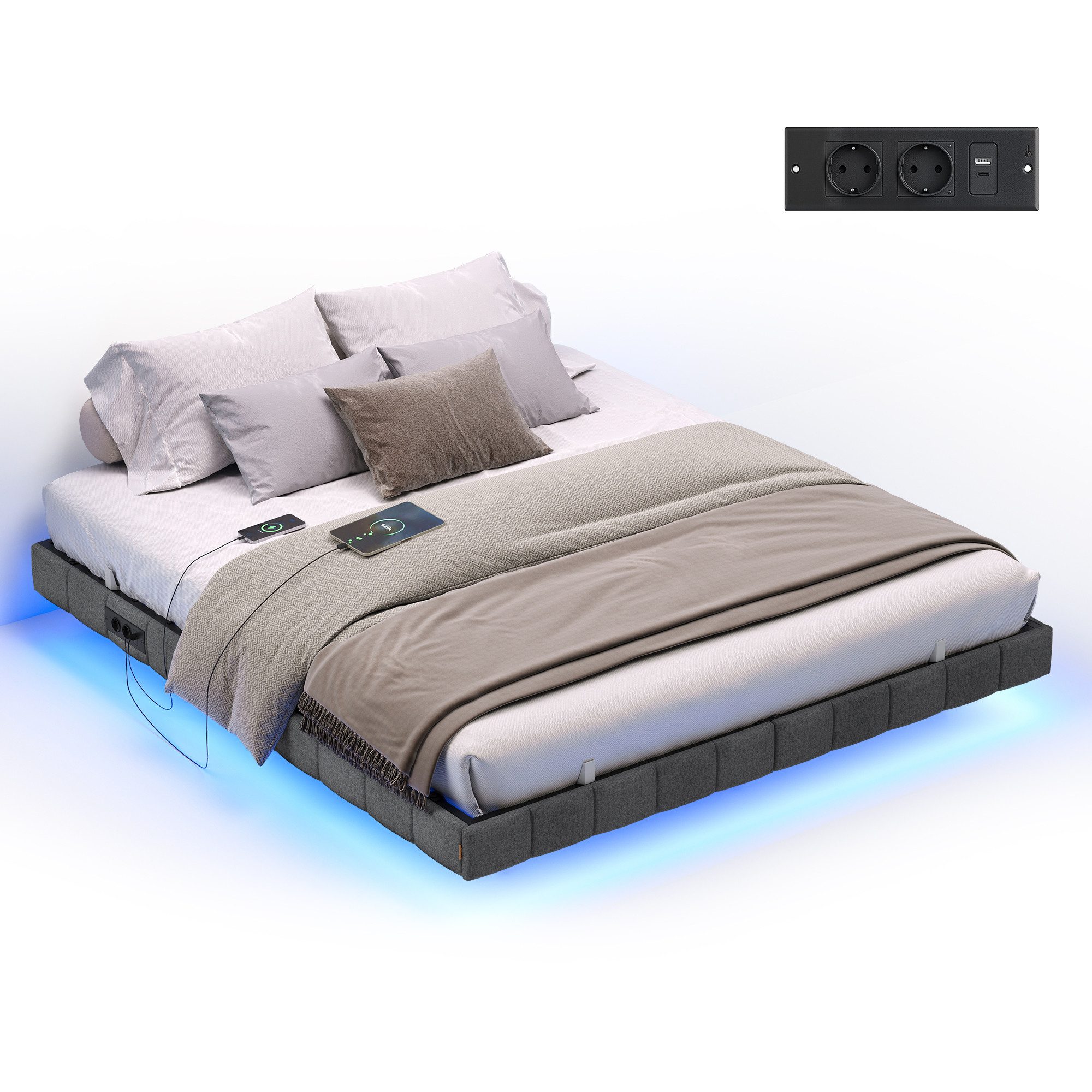 VASAGLE Polsterbett, Bettrahmen, mit LED-Beleuchtung, Bettgestell, schwebender Effekt